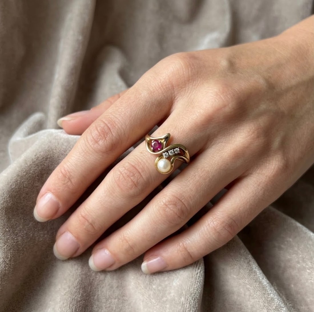 Cultured Pearl, Ruby, Diamond, 14k Ring - 6