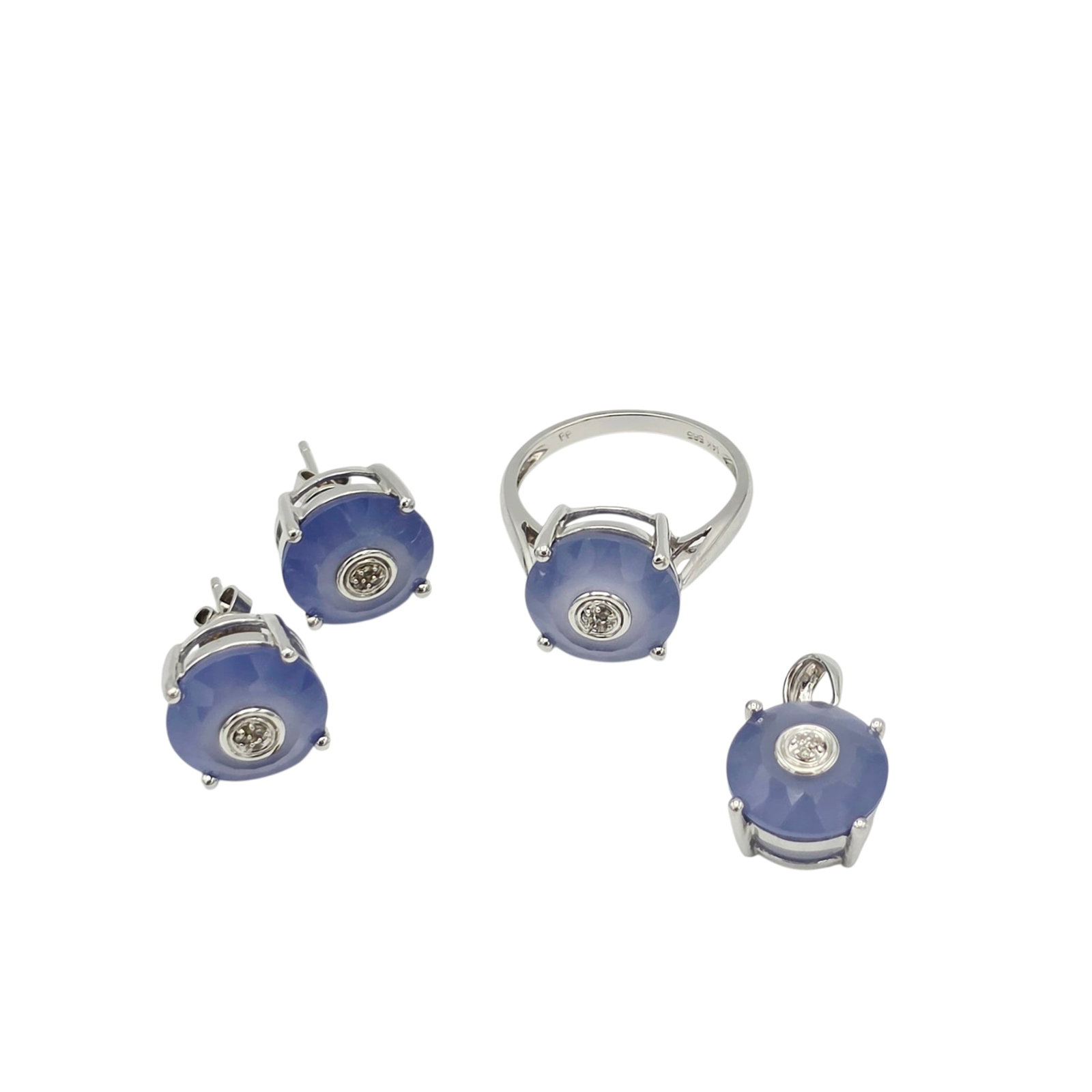 Diamond, Chalcedony, 14k White Gold Jewelry Suite: The matching jewelry suite, each centering three round-cut diamonds weighing a total of approximately 0.03 ctw., set in a circular, faceted chalcedony, 14k white gold mounting, including a ring, size