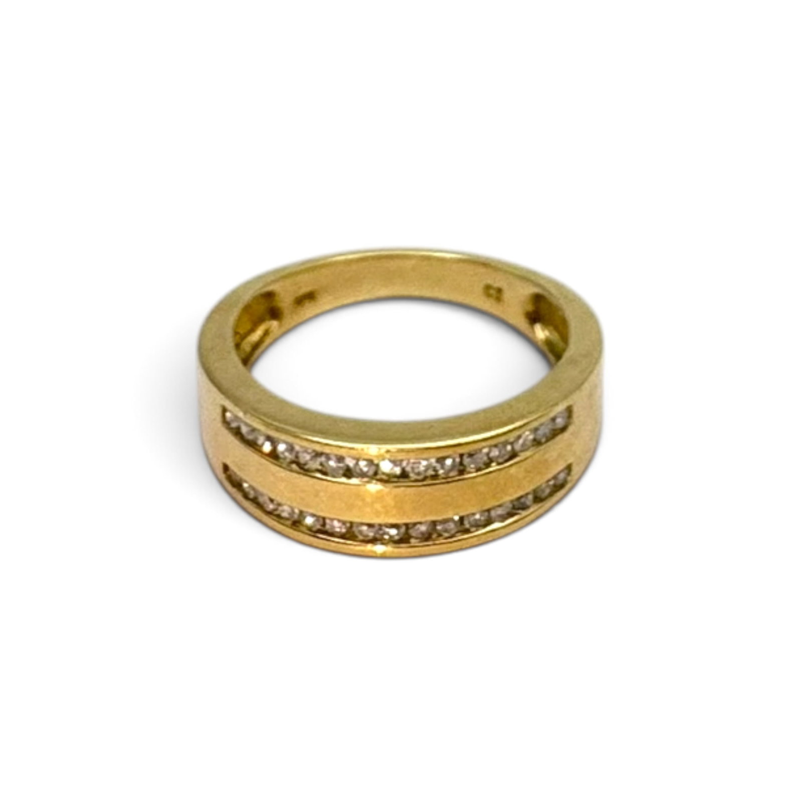 Diamond, 10k Yellow Gold Ring: Featuring thirty round brilliant-cut diamonds weighing a total of approximately 0.30 ctw., set in a 10k yellow gold ring moutning, size 6 1/2. Gross weight: 3.5 grams.
