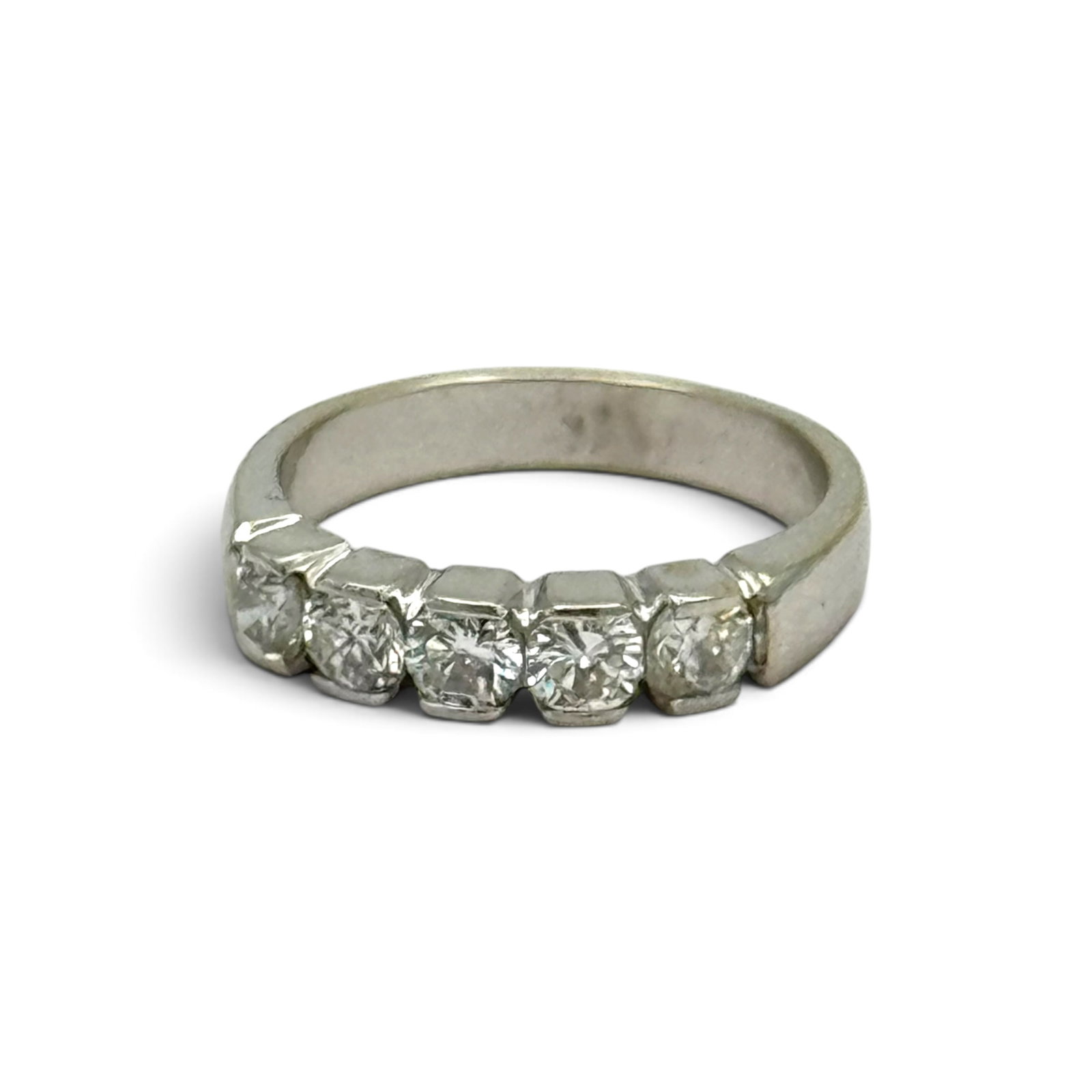 Diamond, 14k White Gold Ring: Featuring five round brilliant-cut diamonds weighing a total of approximately 1.10 ctw., set in a 14k white gold ring mounting, size 8. Gross weight: 4.9 grams.