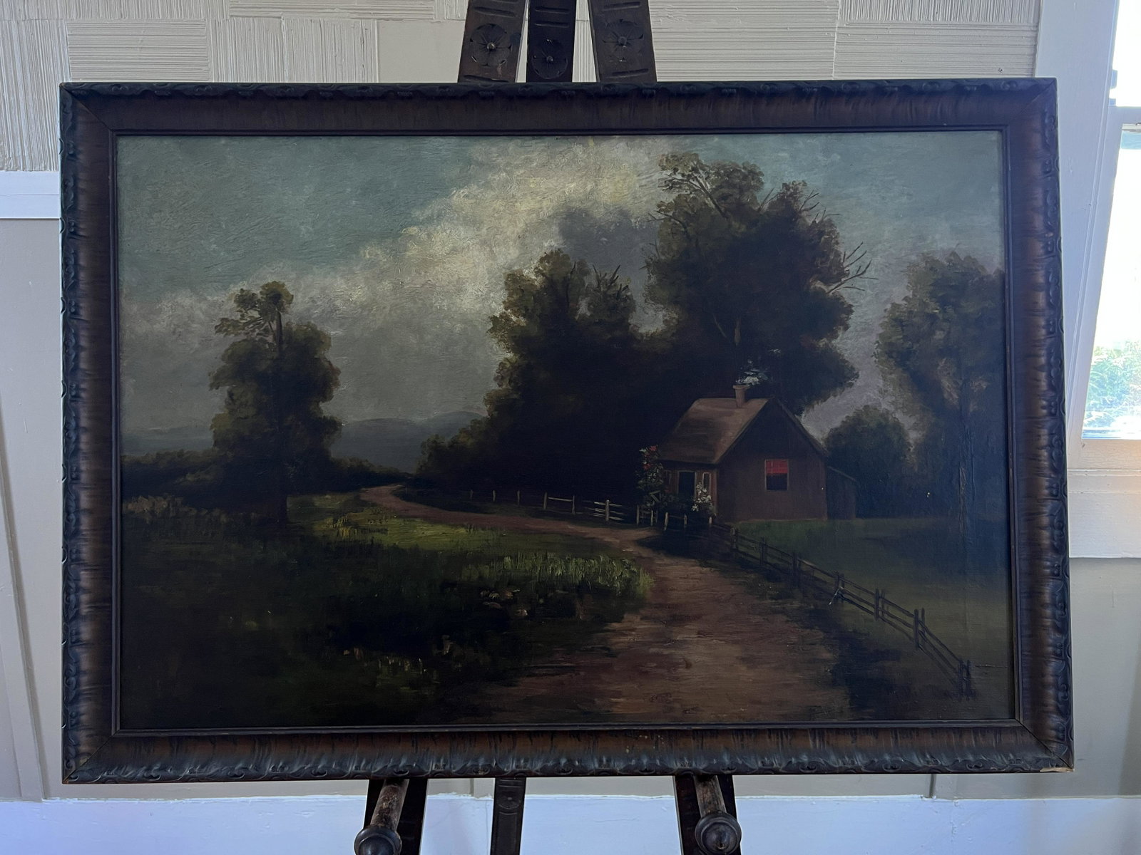 Mollie Brooks Cottage Scene Oil on Canvas: 19.5" x 29.75" Nail through the canvas.
