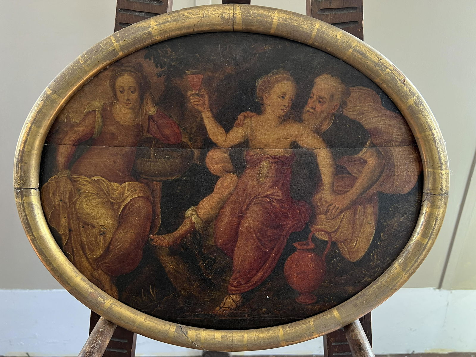 Old Masters School Man and Two Women Scene Oil on Board (1 of 4)