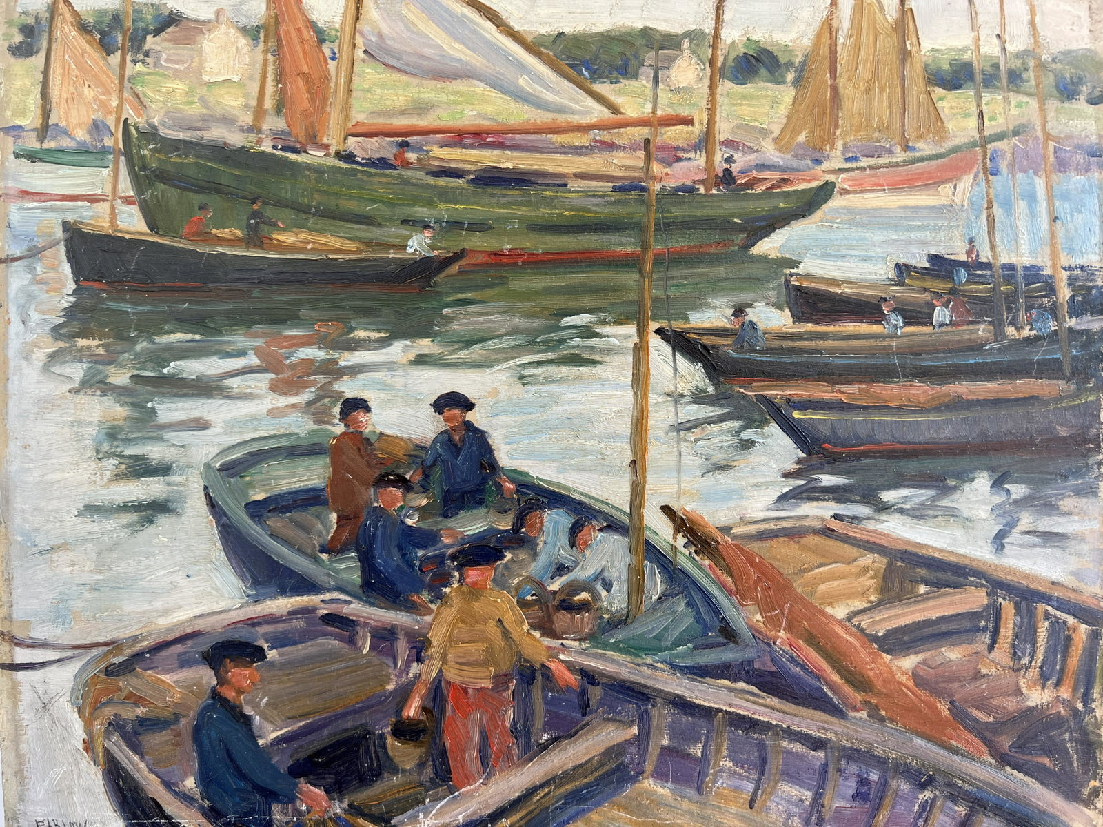 Harry Farlow Fisherman in Boats Oil on Panel: 12.75" x 16.25"