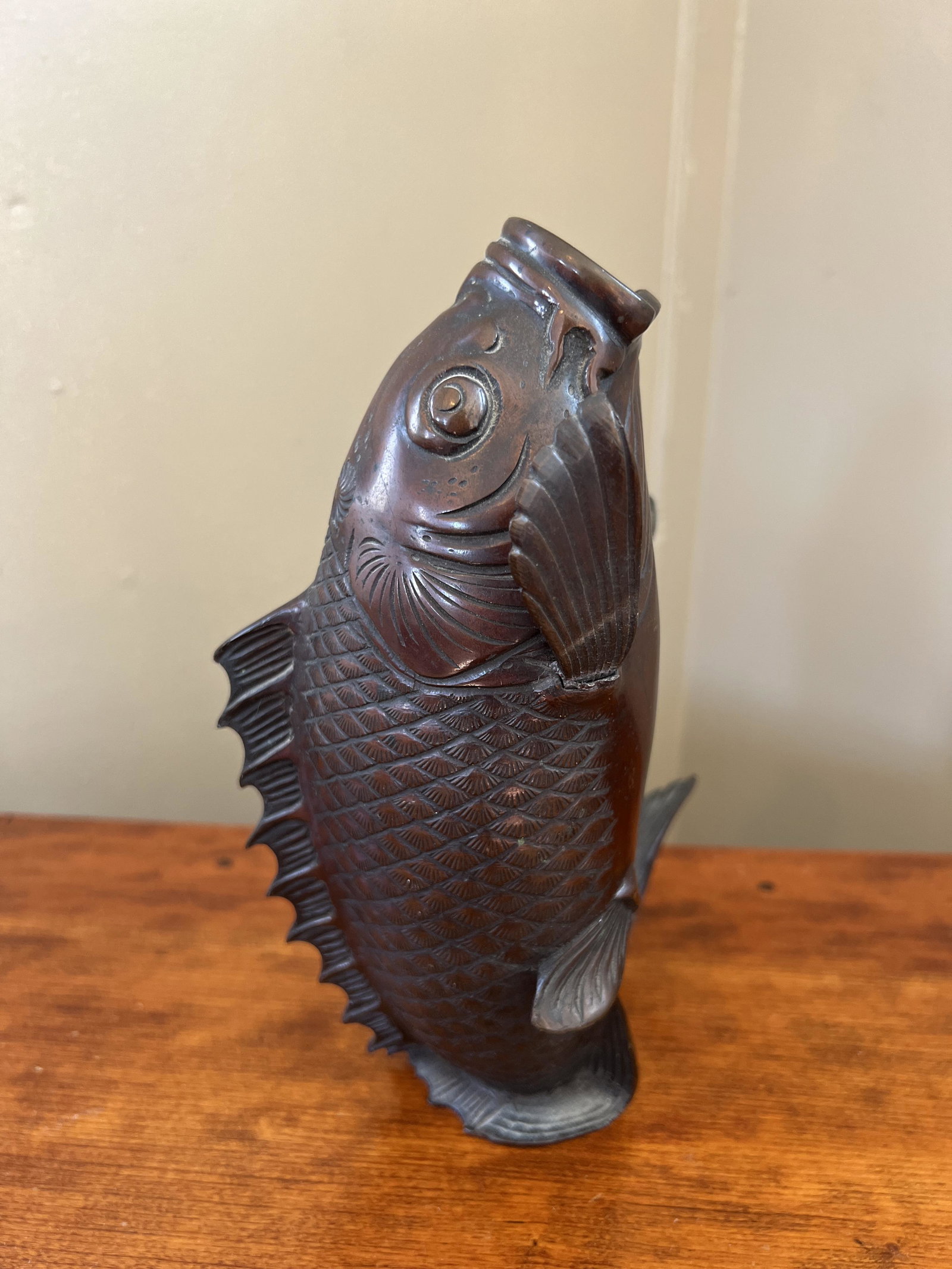 Japanese Koi Bronze Sculpture: 8.5" tall. Tail is loose.