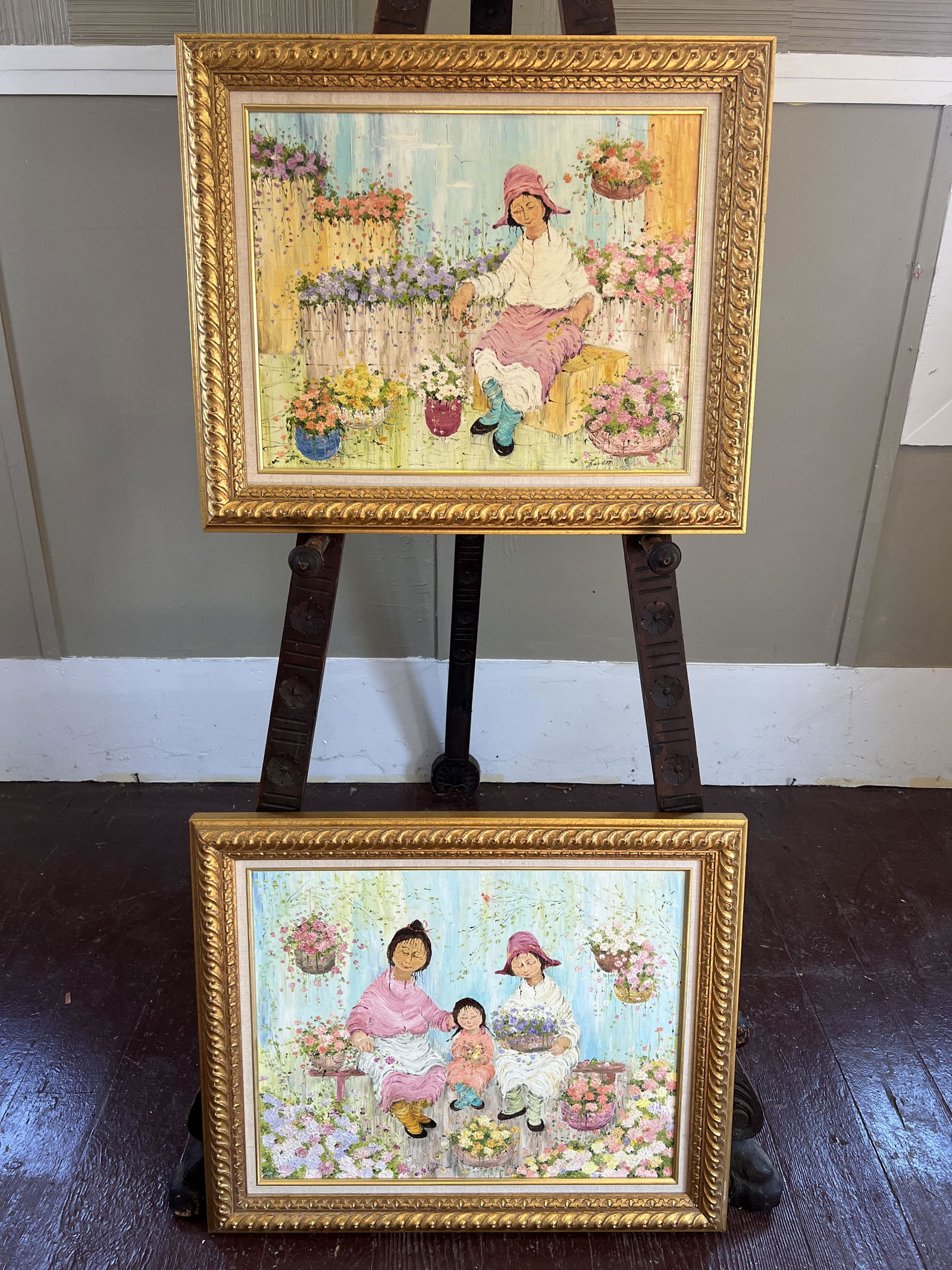 Pair of Mildred Barrett Women with Flowers Oil on Canvas (1 of 11)