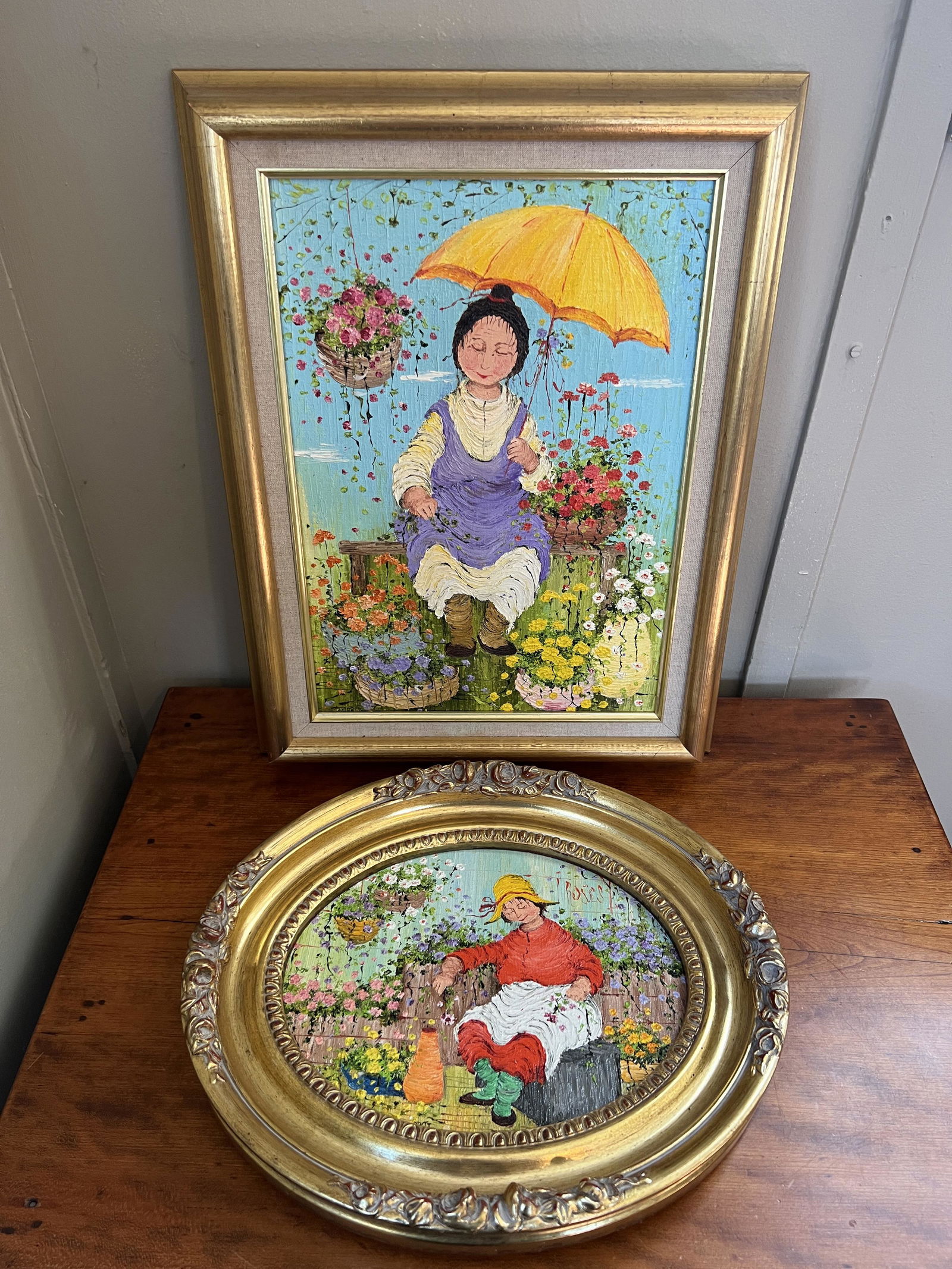 Pair of Mildred Barrett Women with Flowers Oil on Canvas (1 of 12)