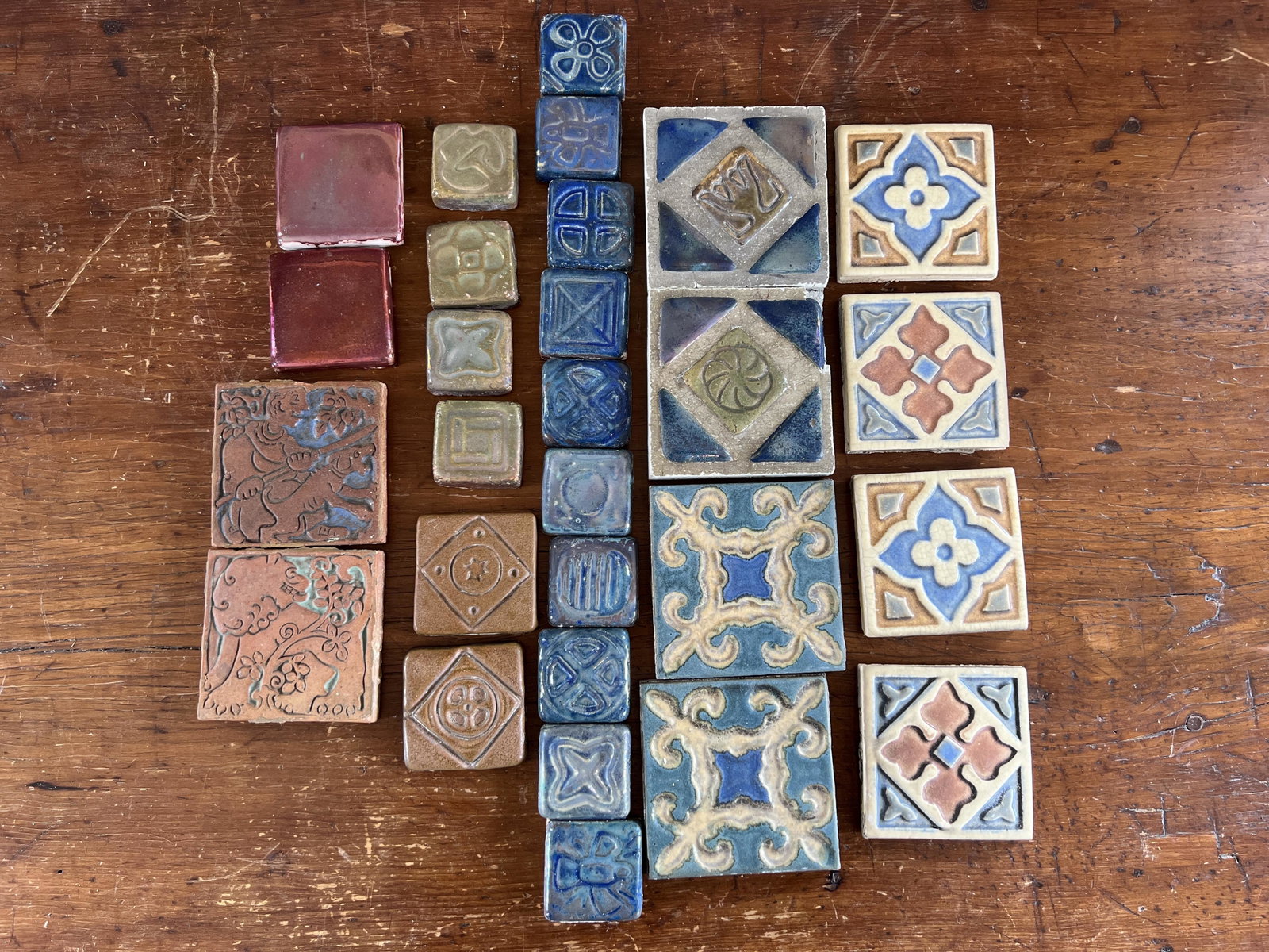 28 Arts & Crafts pottery tiles: 2 Marked Batchelder4.25" x 4.25" (largest)
