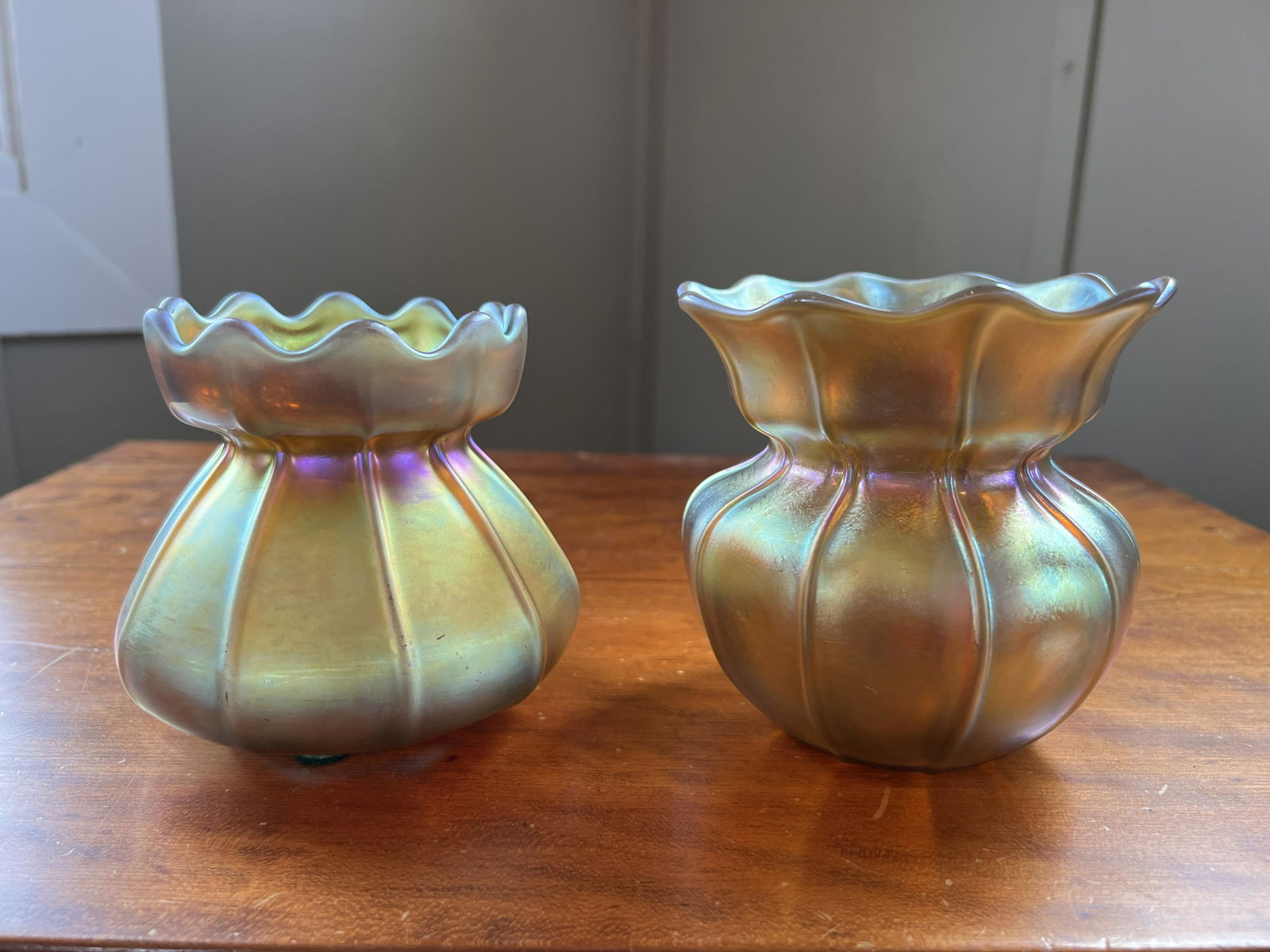 2 Steuben Gold Aurene Ribbed Glass Vases 568 and 569 (1 of 9)