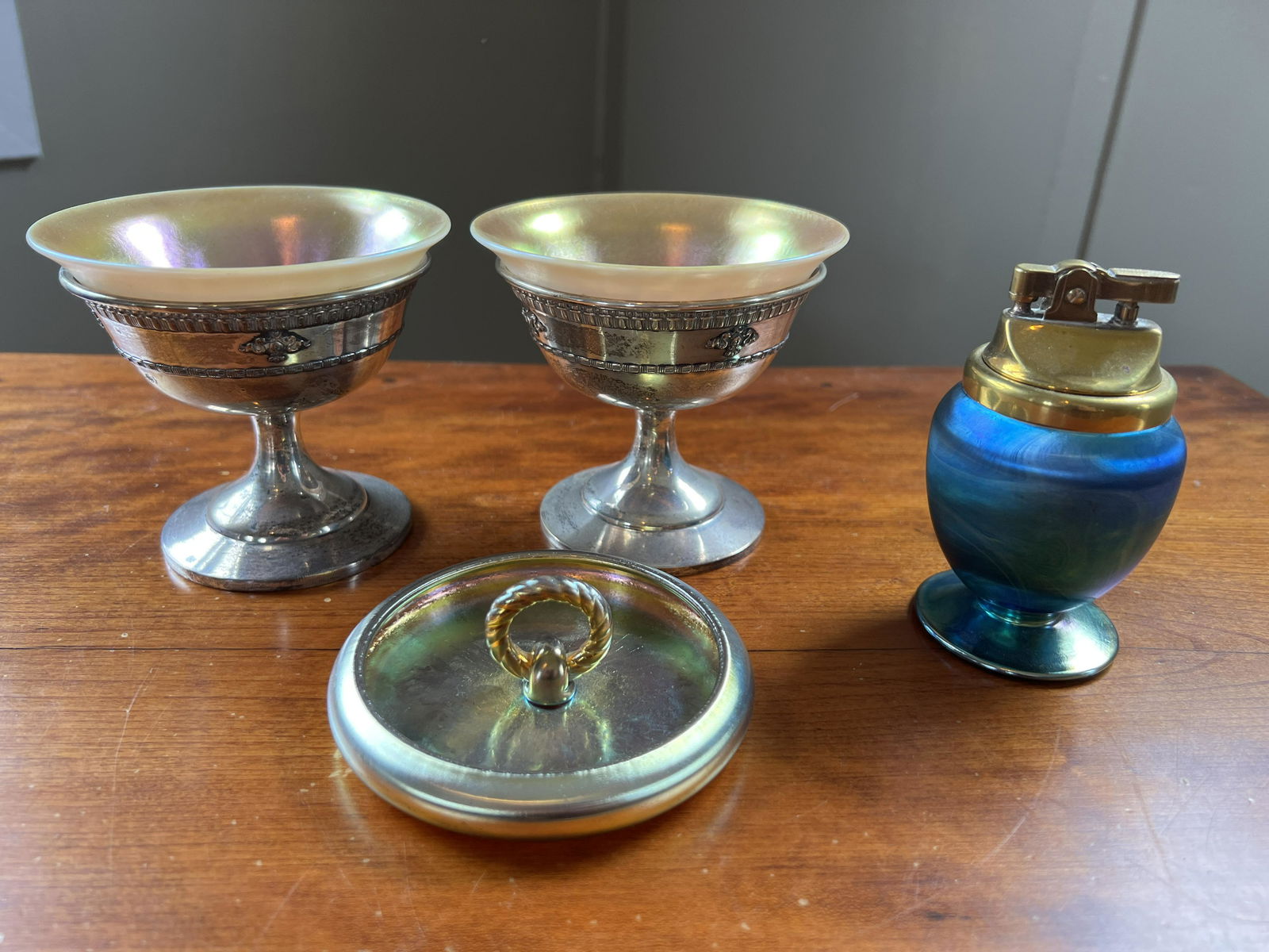 4 Steuben Pieces, 2 Gold Aurene w/ Sterling Base Dessert Dishes, Blue Aurene Lighter, Gold Aurene (1 of 14)
