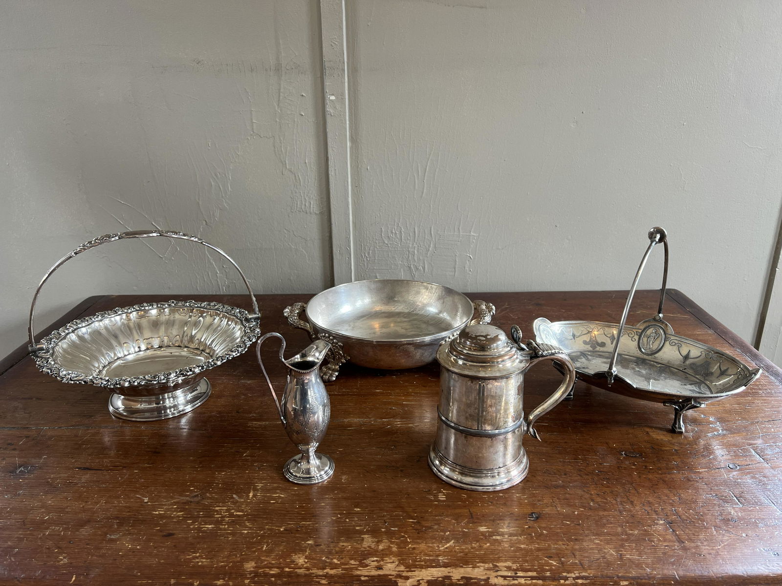 5 Silver Plate Pieces: 2 Platters, Pitcher, Serving Tray, Stein (1 of 20)