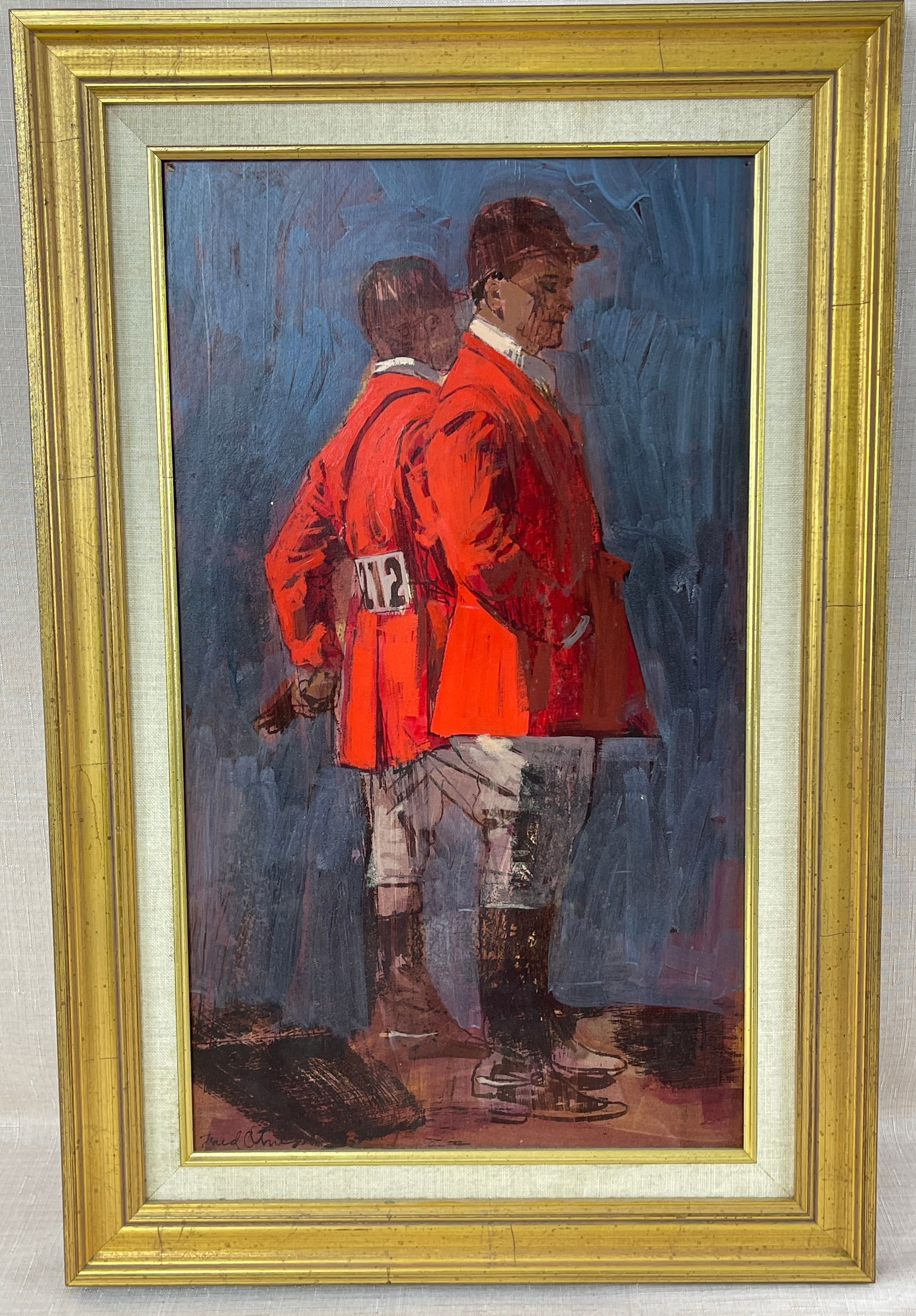 Fred Otnes, Jockeys: Oil on board. Framed and matted. Signed.Image measures: 18" H x 10.25" W