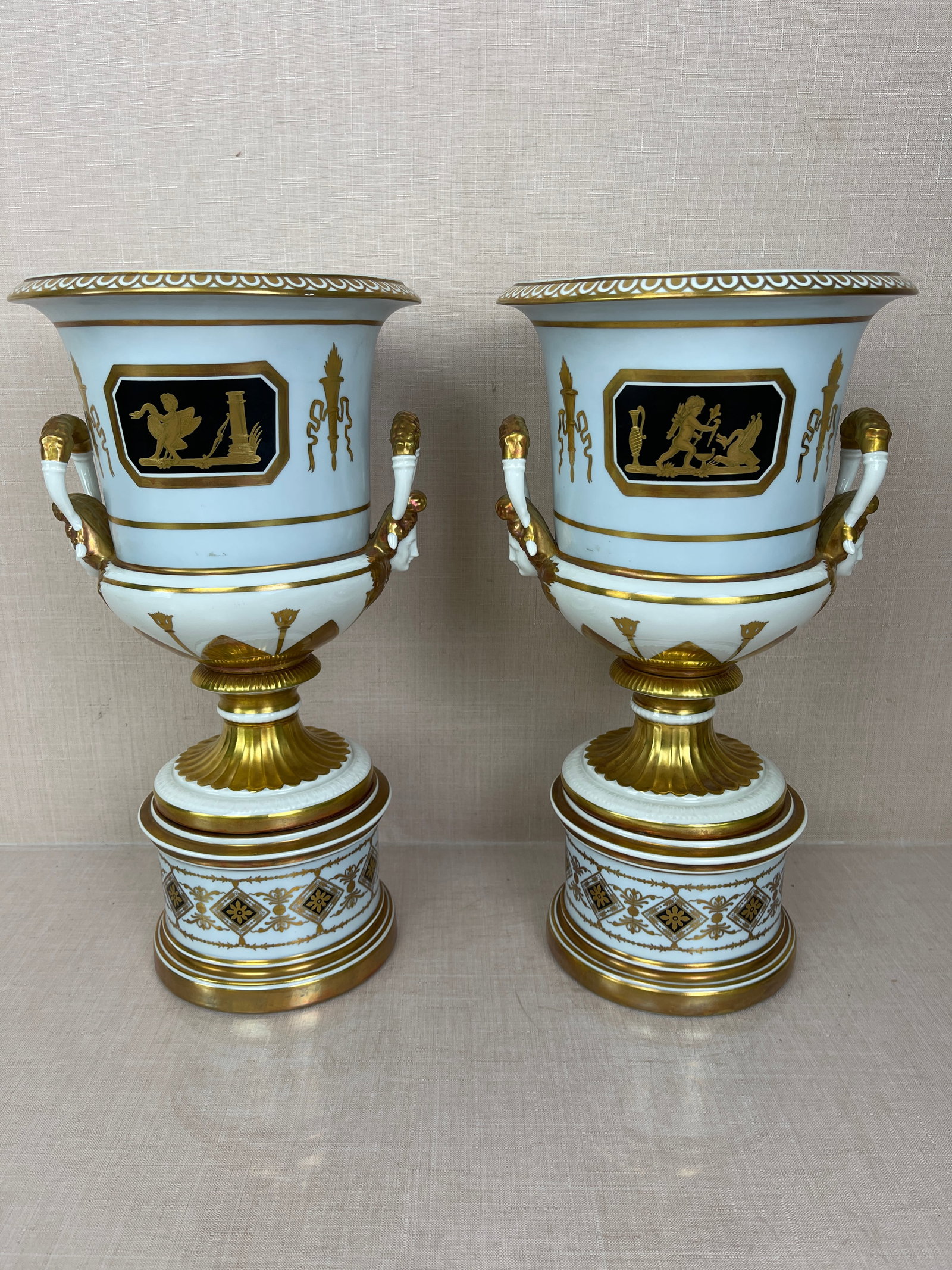 Antique Bidasoa Porcelain Mantle Urns: Signed (on bottom). Good condition, no chips or cracks. Ht: 13.5"