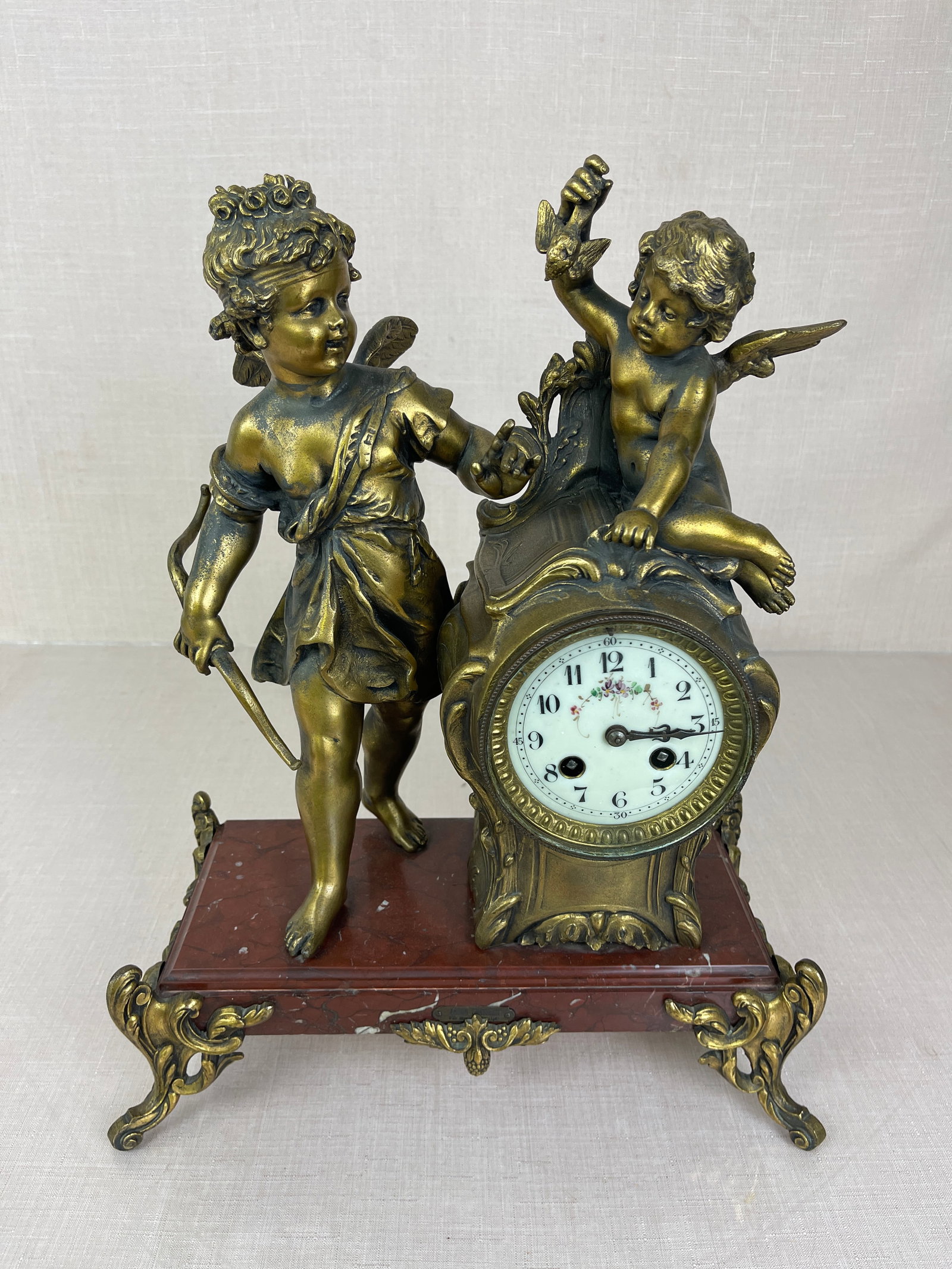 Moreau "Amour Chasseur" French Mantle Clock: No pendulum. Ht: 17"