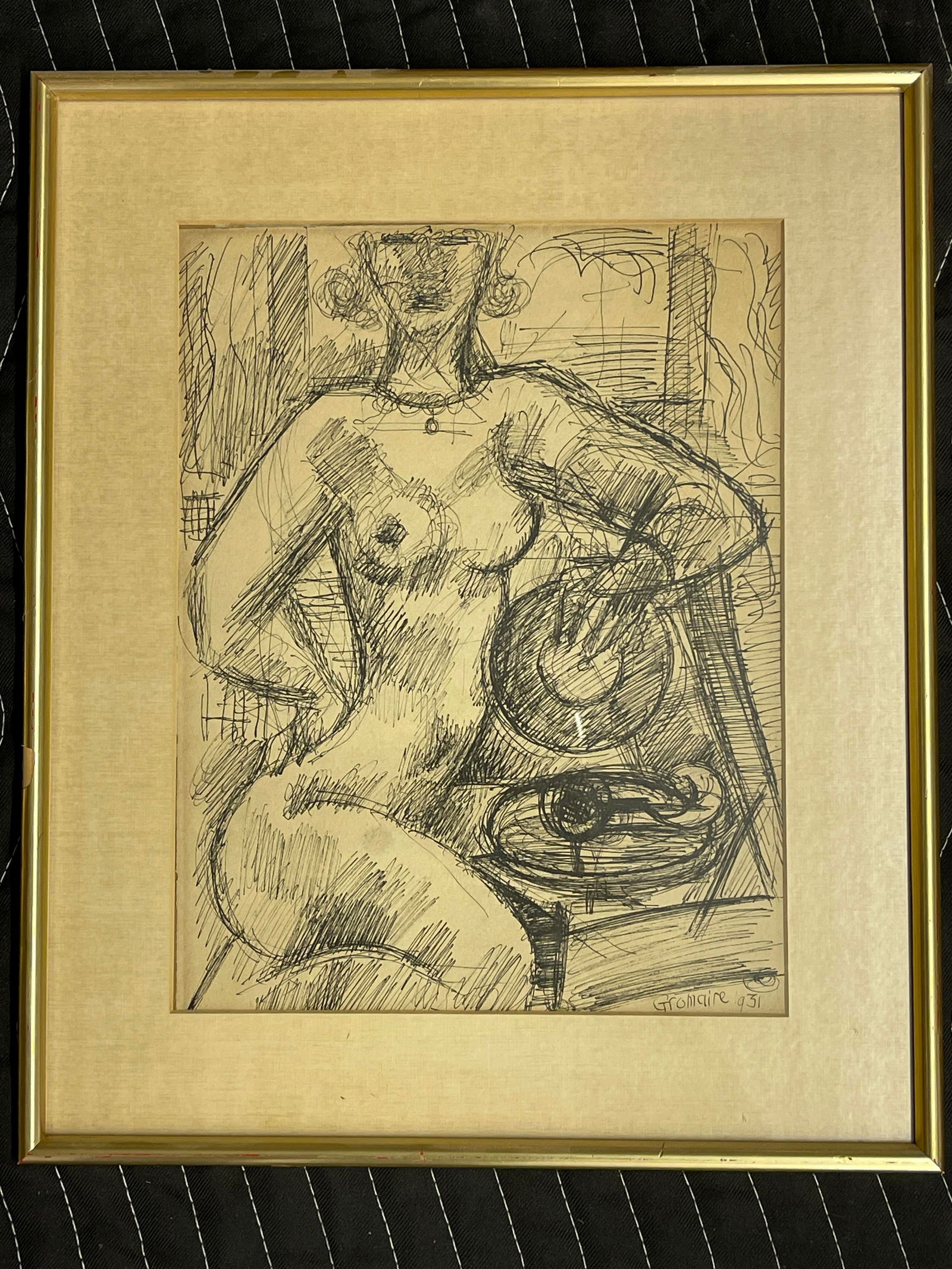 Marcel Gromaire Nude Ink Sketch: Signed (lower right). Image: 12" x 9"