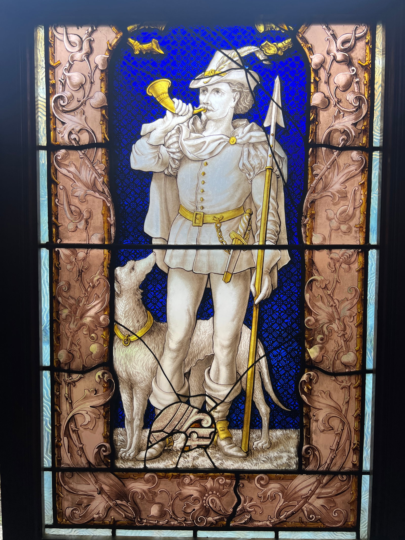 Antique Hunter and Dog, Stained Glass Window: Minor crack in small panel. Without frame: 32" x 20"