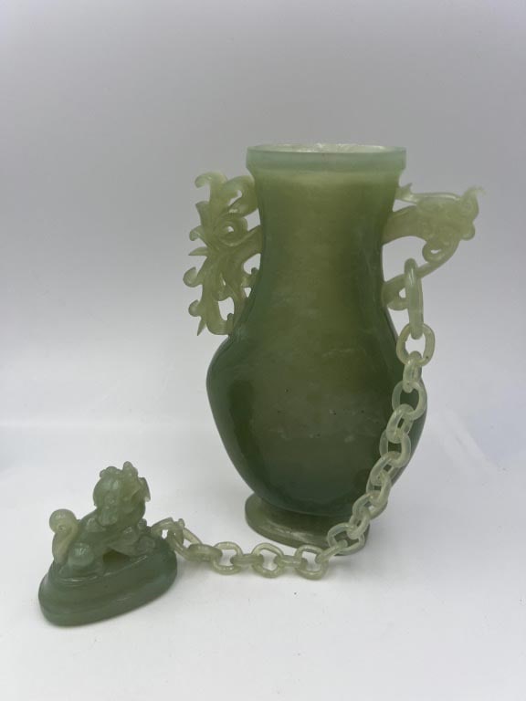 Antique Carved Chinese Jade Urn with Lid: There is some damage to rim of urn. Ht: 9" with lid.