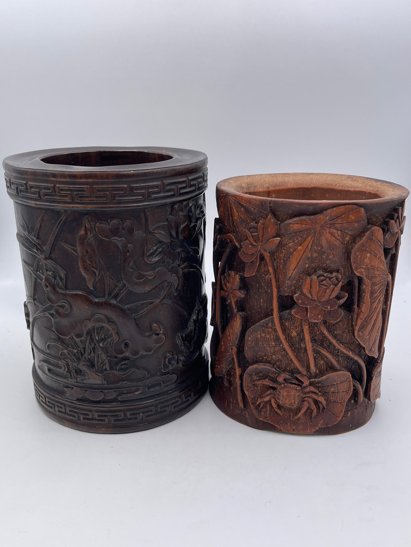 Chinese Carved Wood Brush Pots: Both finely carved. Good condition, no major damage. Ht: 6" max.