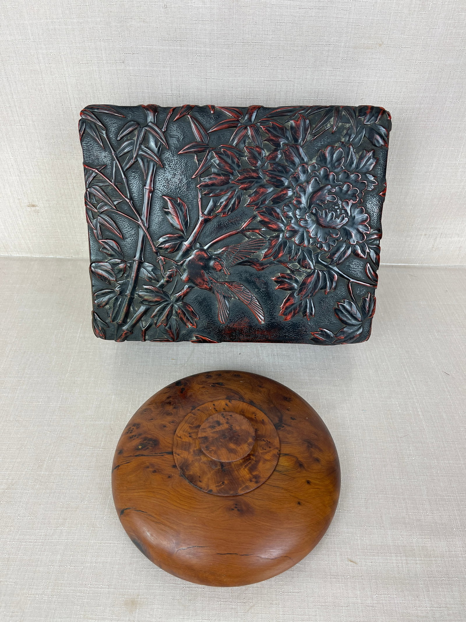 Lacquer Jewelry Box & Burlwood Covered Dish: Crack and some discoloration to box. Box Length: 11"