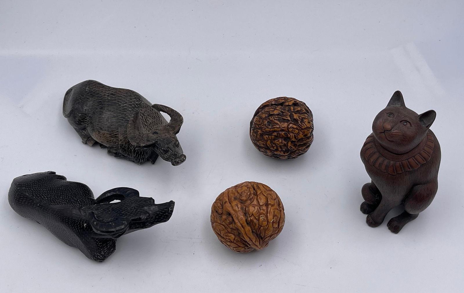 Chinese Soapstone, Carved Walnuts, & Netsuke: Netsuke is signed PMS. Nice condition, hand carved. Ht: 4" max.