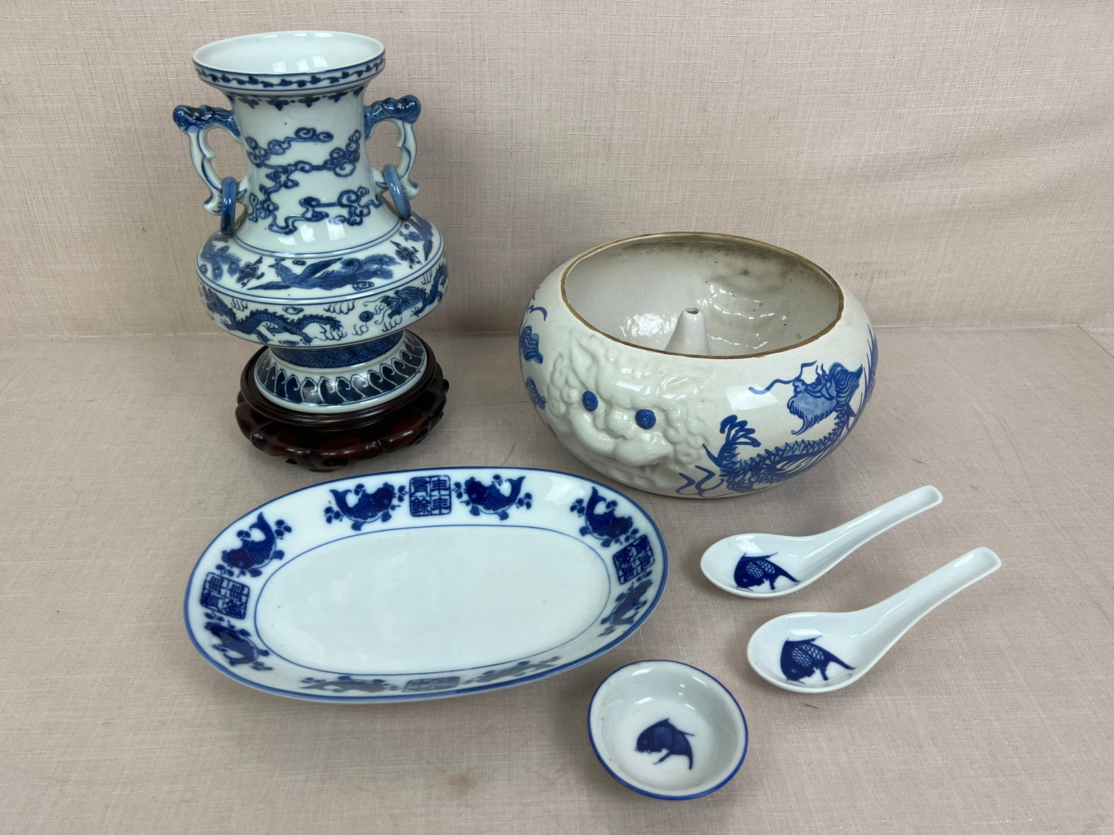 Assortment of Chinese Porcelain: Larger bowl has some chips and crazing to glaze on bottom. Urn is in nice condition. Ht: 10" max.
