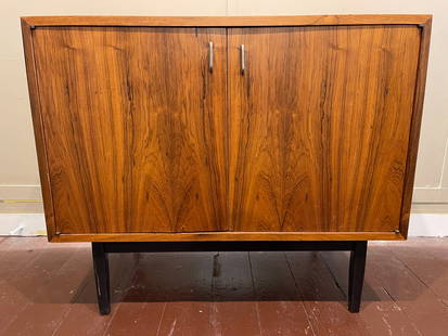 Niels Koefoed Mid-Century Modern Liquor Cabinet: Veneer damage on door. Ht: 30", Length: 36", Width 18".