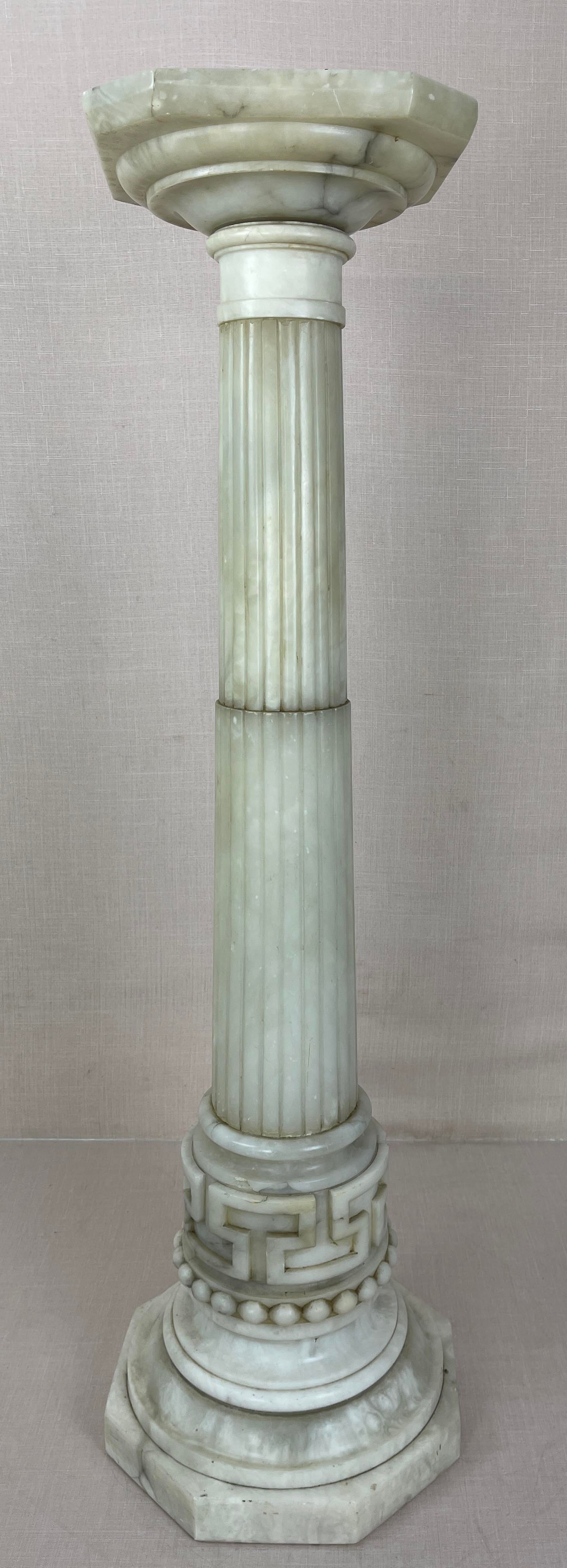 Antique Alabaster Pedestal: Comes apart in sections. Some discoloration, no chips or cracks. Ht: 40.5"