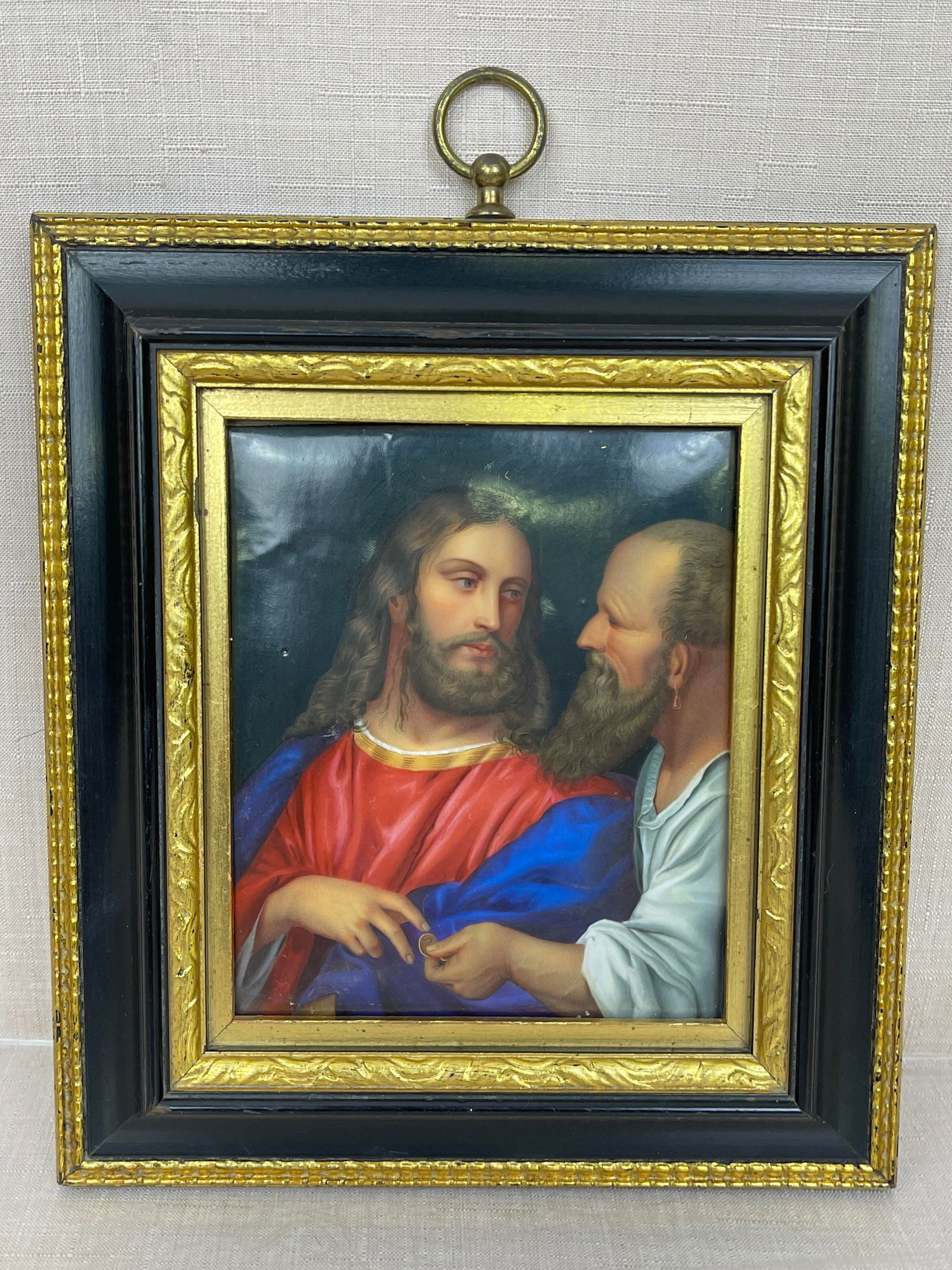 After "The Tribute Money", KPM-Style Painted Porcelain Tile: Unsigned, tile is framed. Good condition, no chips or cracks. Tile: 5.75 x 4.35