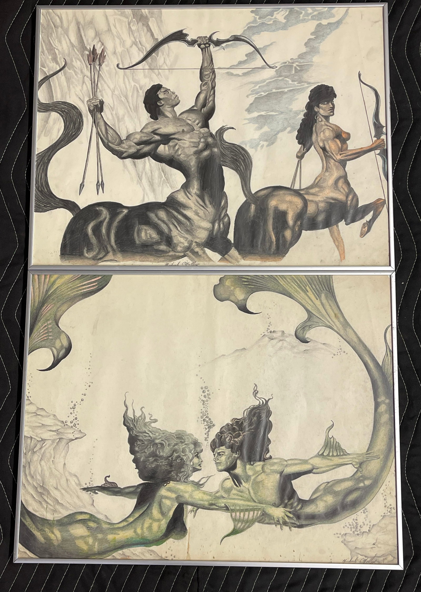 Michael Malley, Mythological Comic Illustrations: Both signed (lower right). Good condition. 17.5" x 23"