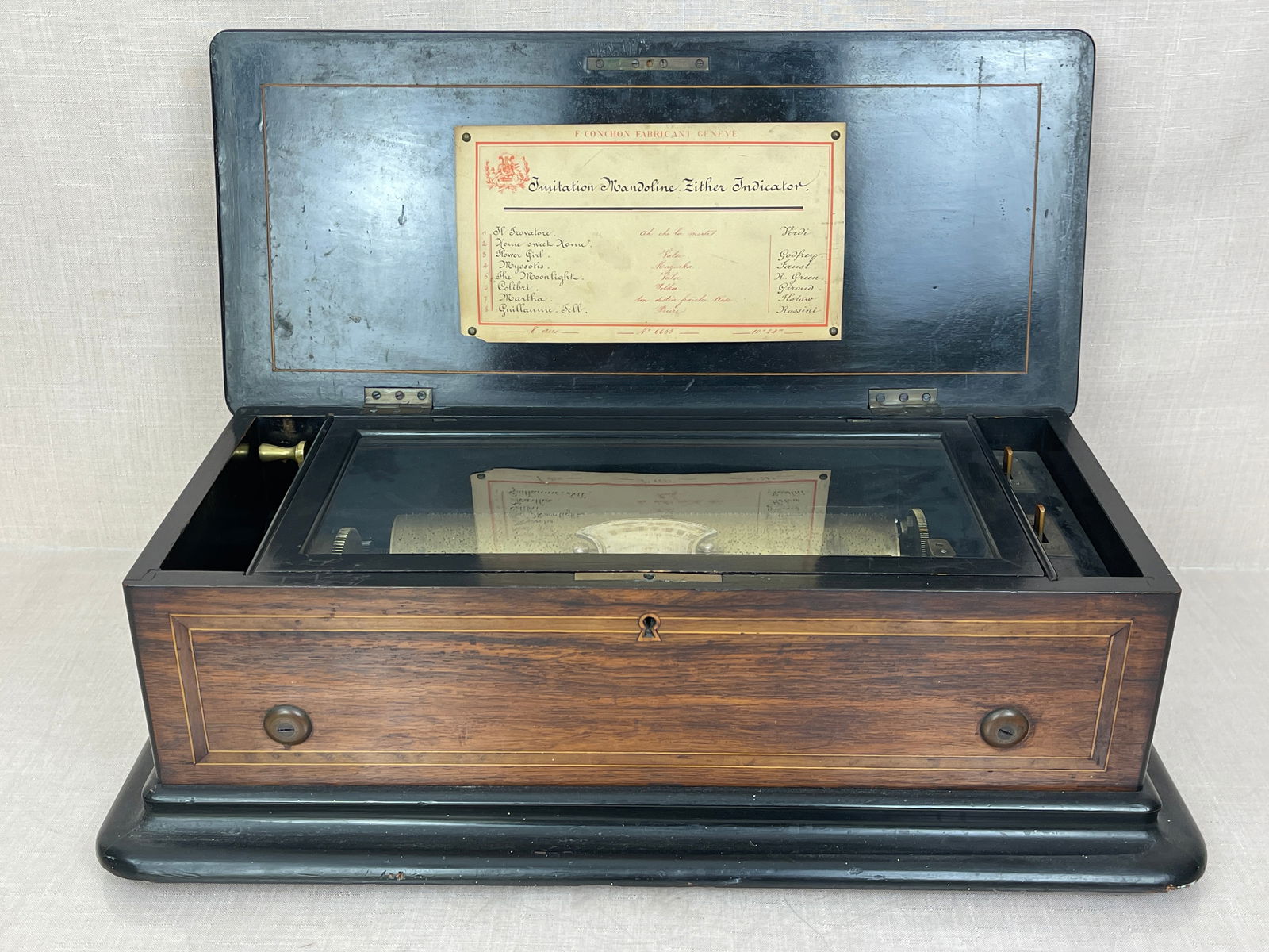 19th Century F. Conchon Swiss Music Box: Good condition, but not currently running. Length: 22"