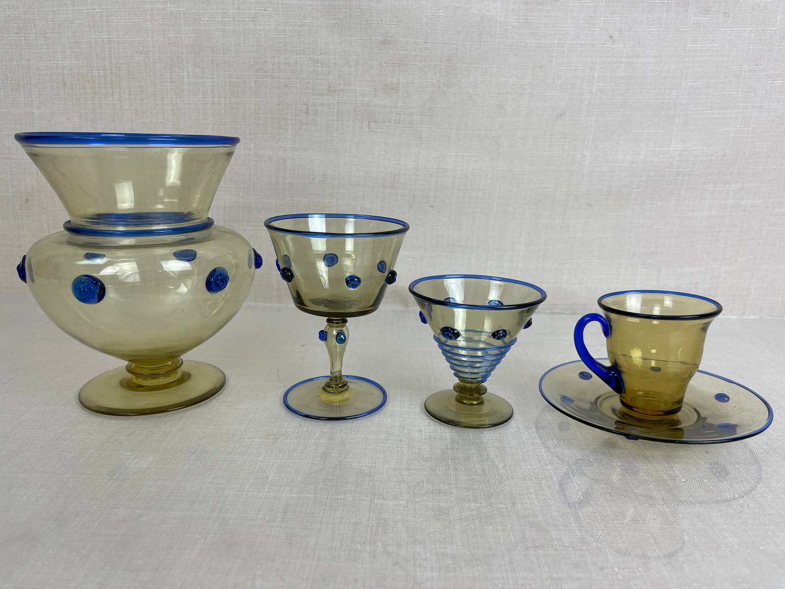 Steuben Frederick Carder Amber with Flemish Blue: Good condition, no chips or cracks. Ht: 6 1/8 max.