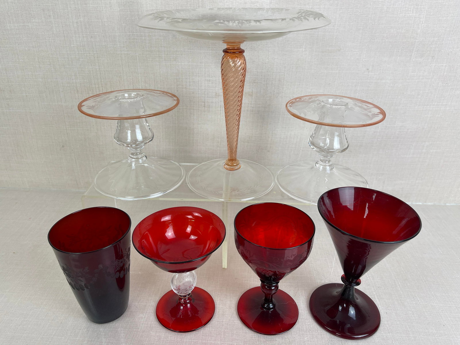 Assortment of Steuben Cranberry & Peach Art Glass (1 of 11)