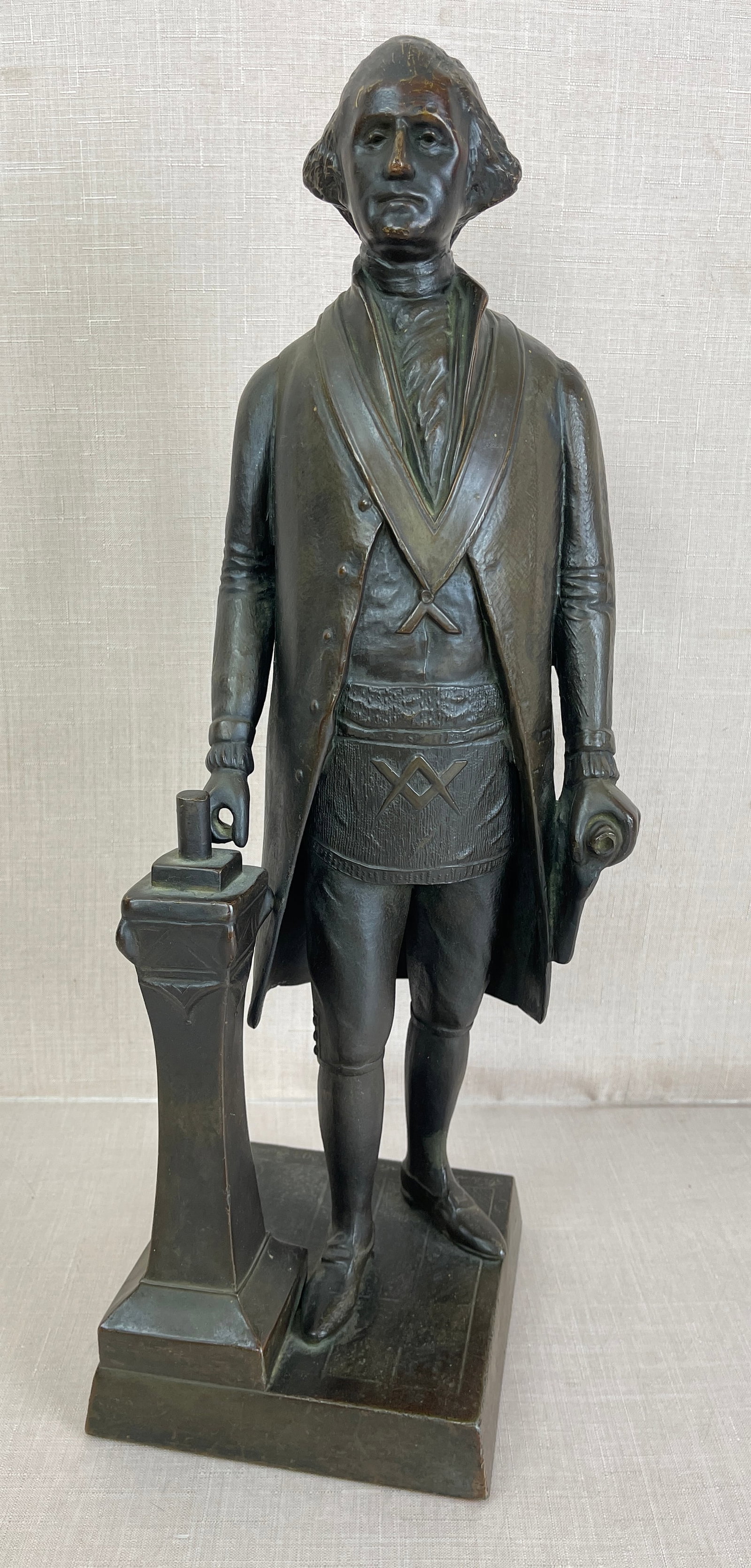 George Washington as a Mason, Bronze Sculpture: Signed (on base), dated 1903. Missing gavel handle. Ht: 19"