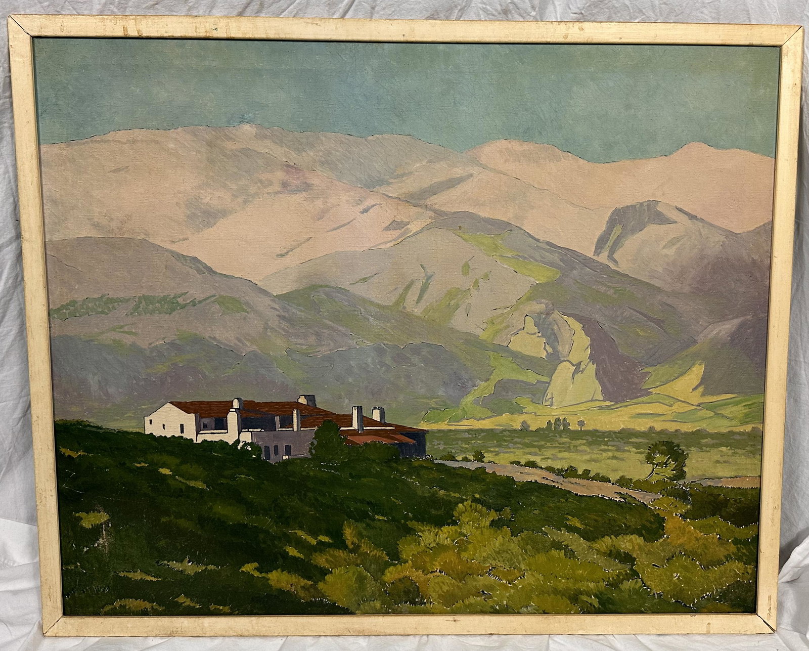 Vintage California Plein Air Impressionist Painting of a Mission Style Building: Great color in this California Plein Air painting showing a Mission style building in the foothills with a little path cut through the greenery to itâ€™s door. Probably early 20th Century. Coms i