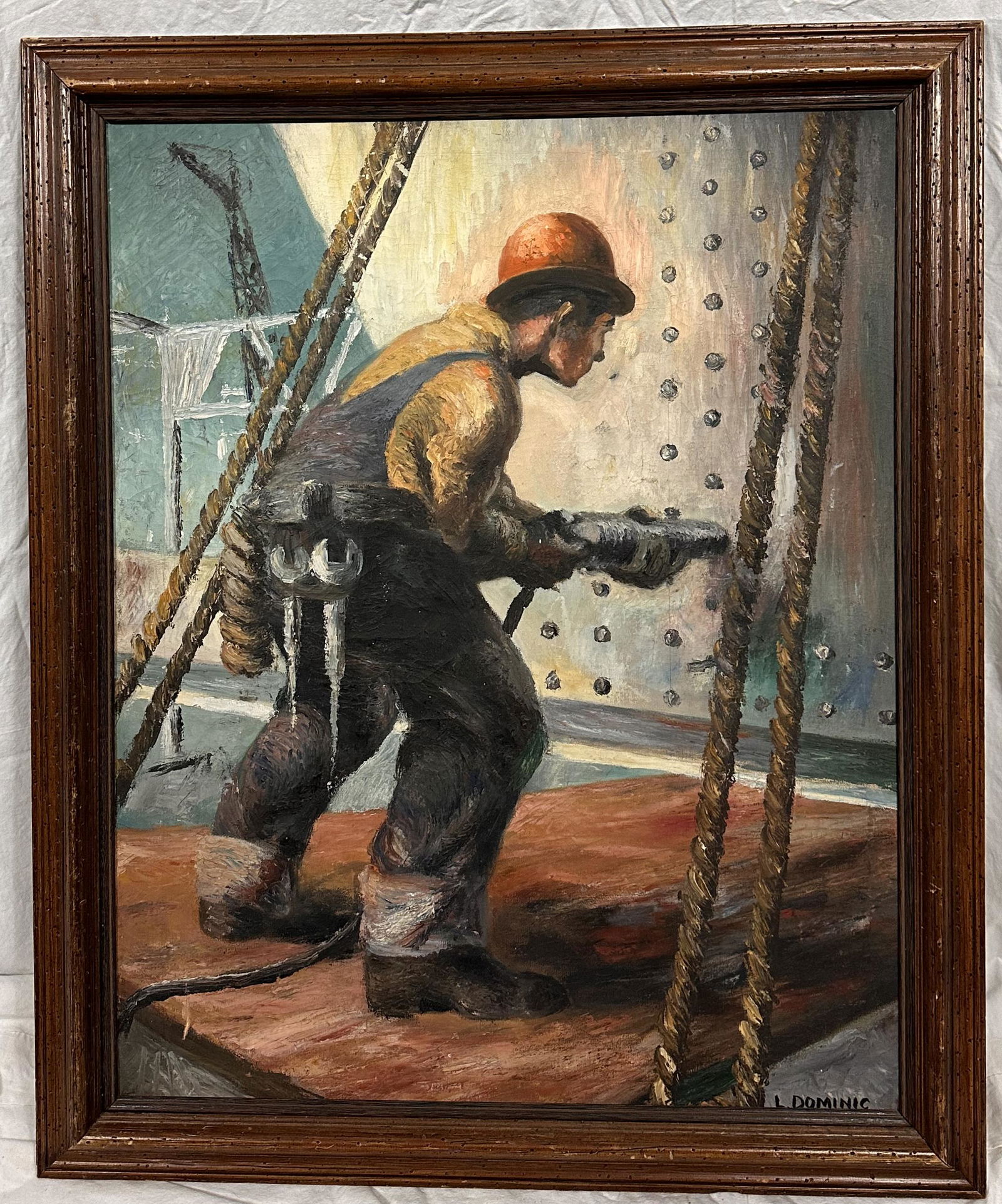 WWII Era Painting of a Riveter working on a Ship Hull by L. Dominic (1 of 5)
