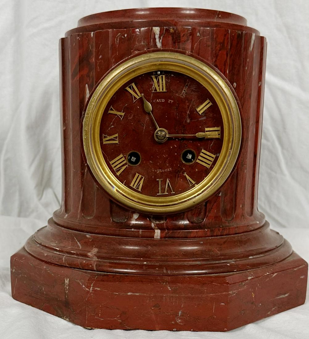 French 19th Century Belle Epoque Period Rouge Griotte Marble Roman Column Shaped Clock (1 of 8)