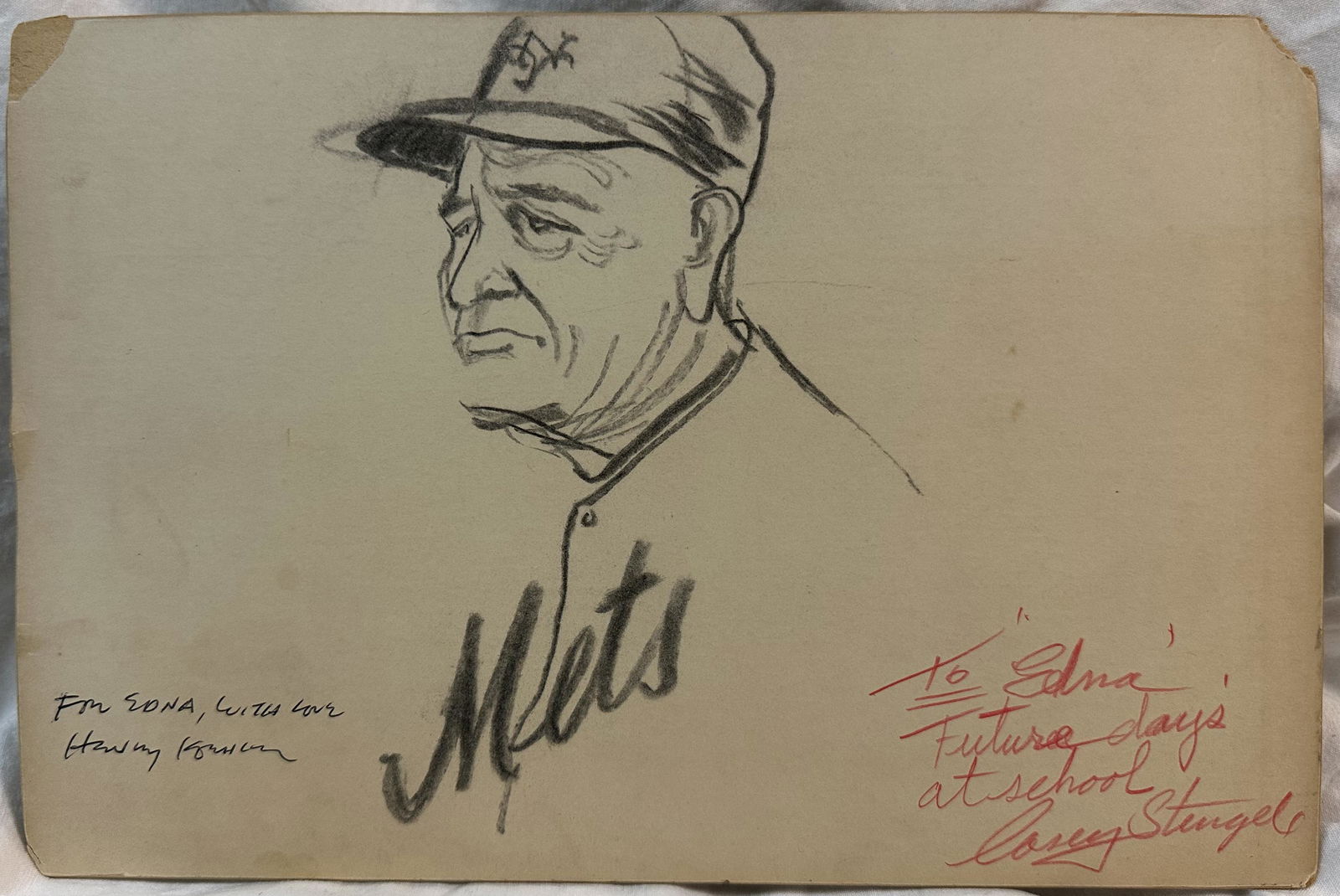 Henry Koehler Sketch of NY Mets Casey Stengel â€“ Signed by Both (1 of 4)