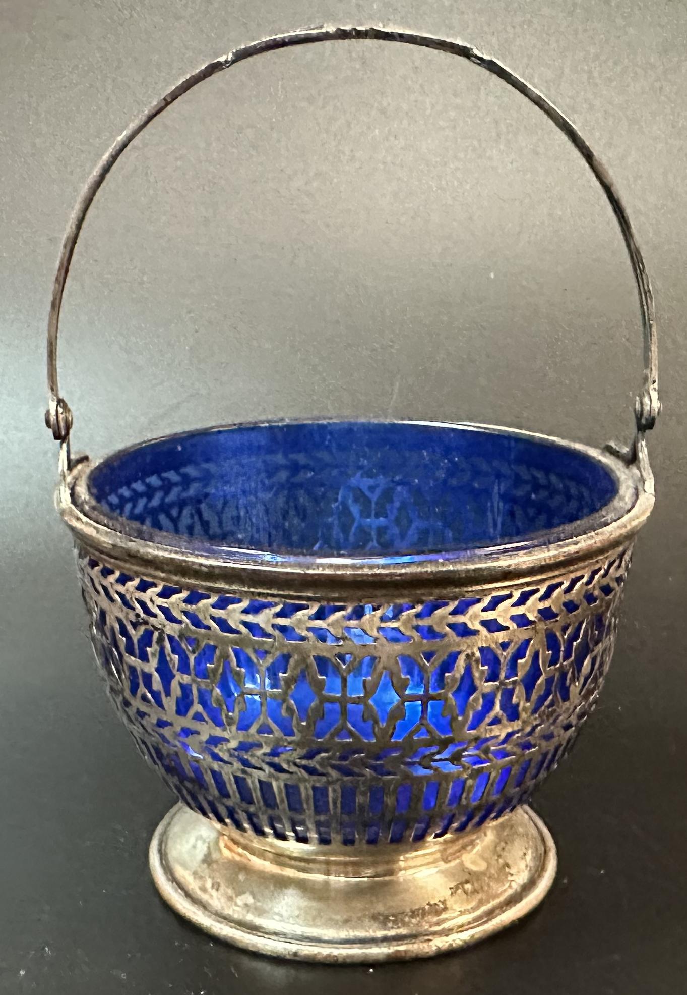 Watson Pierced Sterling Silver Basket w/ Blue Glass Bowl (1 of 4)