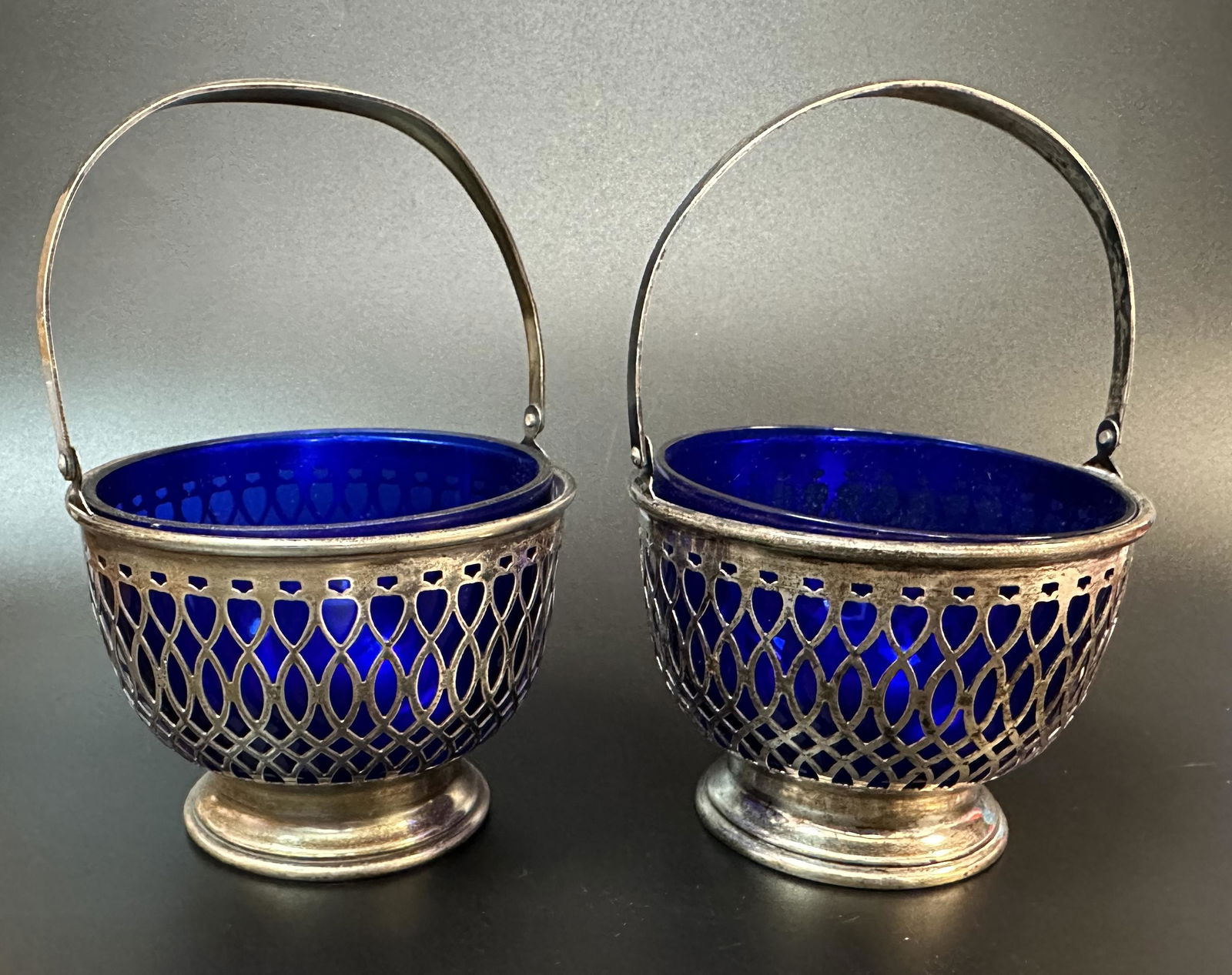 Pair Whiting Sterling Silver Baskets w/ Cobalt Blue Glass Bowls (1 of 4)