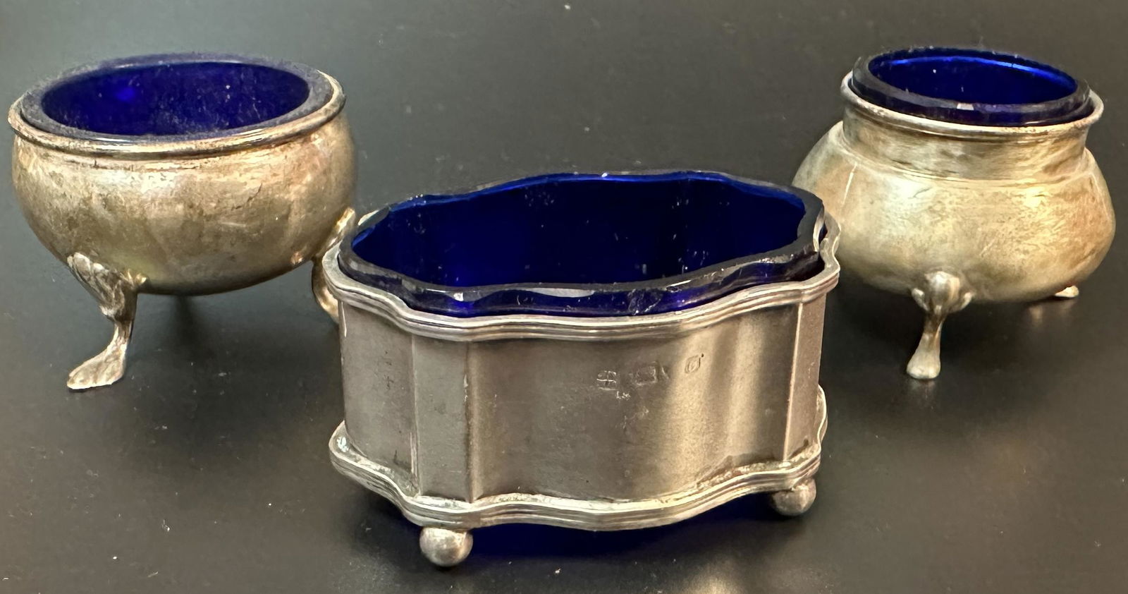 Three Assorted Sterling Silver Cobalt Glass Lined Salts (1 of 4)