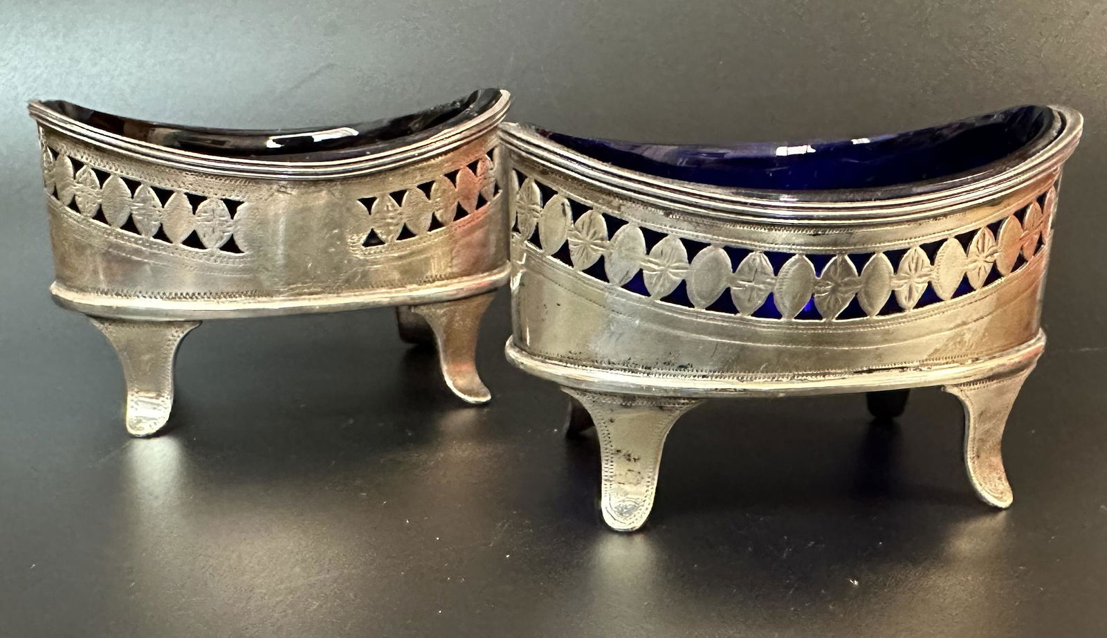 1908 Sterling Silver Salts Cobalt Blue Liners by Ch Fredrick, Hancock & Co (1 of 4)