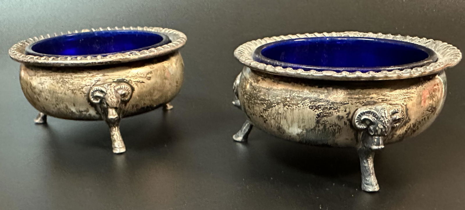 Whiting Pair Sterling Silver Rams Head Salts with Cobalt Blue Glass Liners (1 of 4)