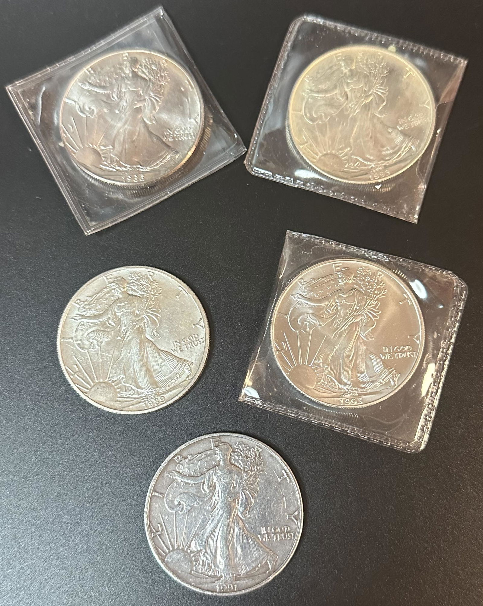 Five Silver American Eagles 1986, 1993 (1 of 2)