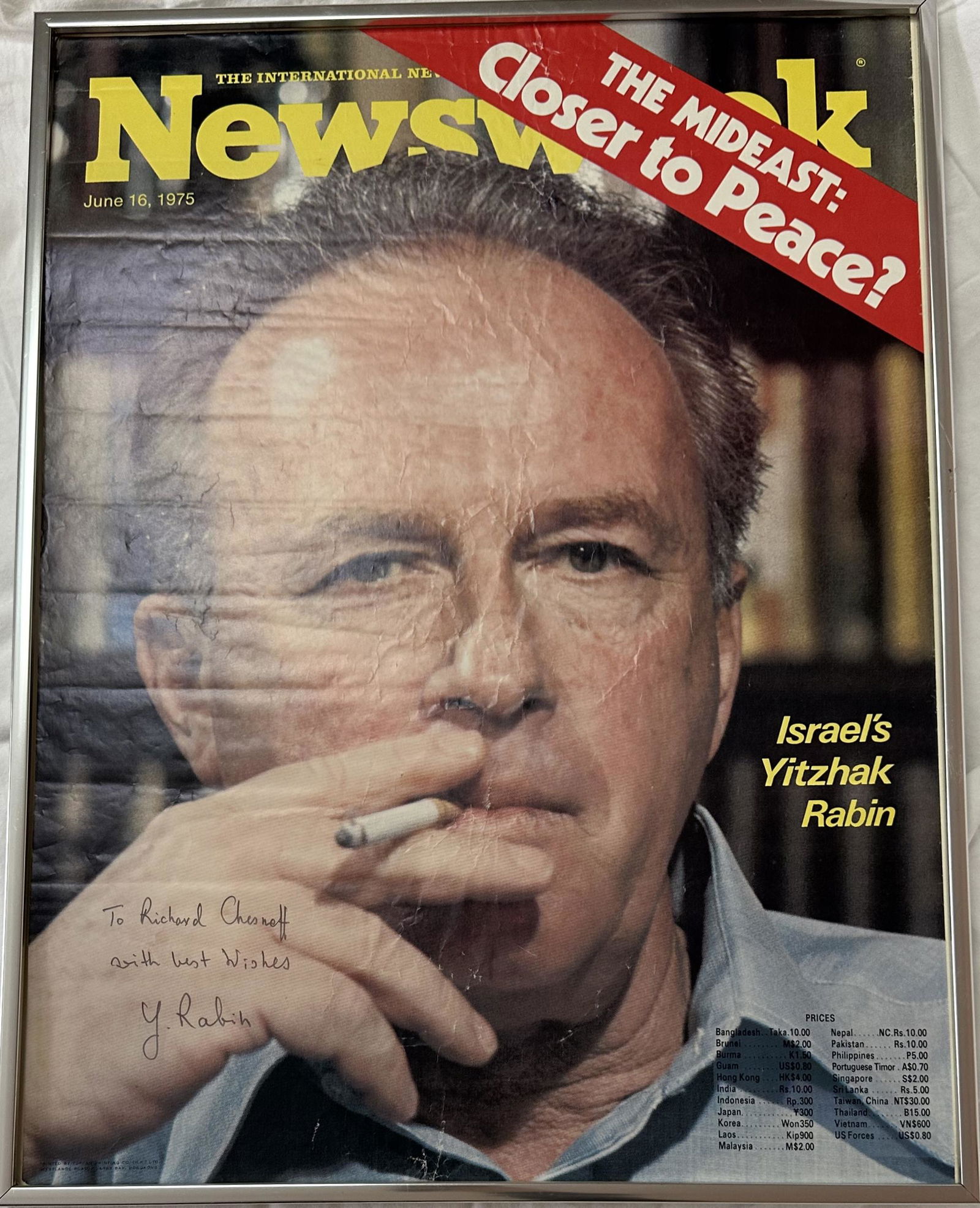 Yitzhak Rabin Autographed Blown Up Newsweek Cover (1 of 2)