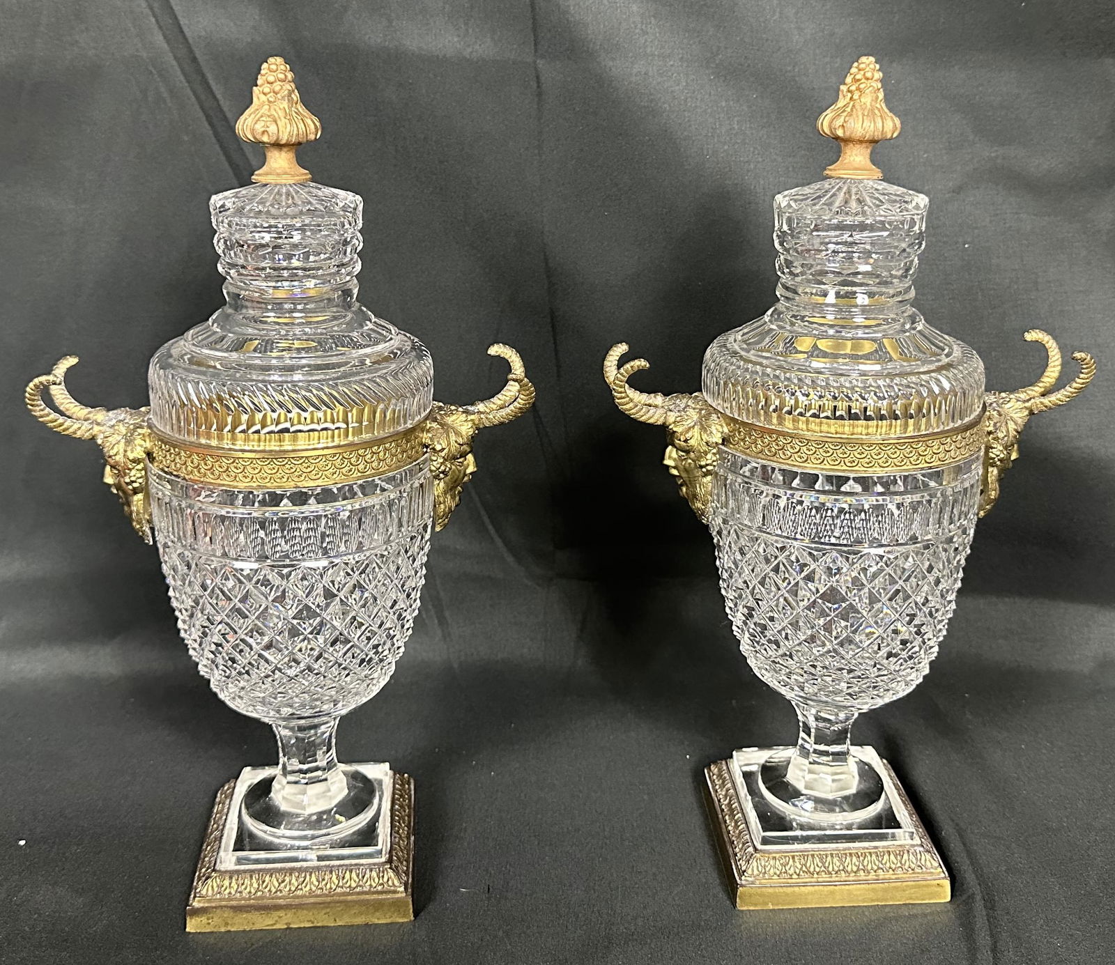 Pair Cut Crystal Covered Urns with Gilt Mounted Satyr Head Handles (1 of 4)