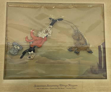 Courvoisier Gallery Original Disney Animation Cel - Goofy in The Reluctant Dragon: Courvoisier Gallery original Disney animation cel of Goofy learning to ride a horse from The Reluctant Dragon (1941). As you can see the cel has shrunk with age but that is typical. What is amazing is