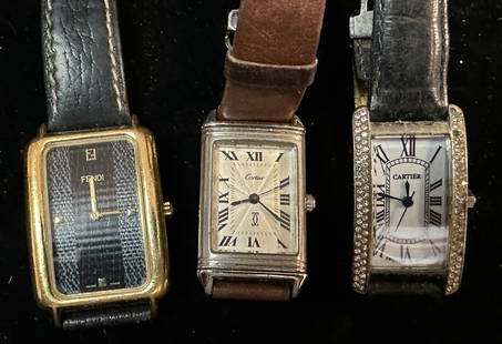 Three Fashion Watches Including Fendi: Three untested fashion watches including a Fendi watch and two (what I believe to be) fantasy Cartier watches.