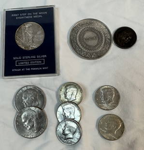 Group of Sterling Silver and US Silver Coins: Mixed group of coins here including some sterling silver. The Franklin Mint first steps on the moon and the Home Insurance Company Medallions are sterling silver, the the Columbian Exposition 1/2 Doll