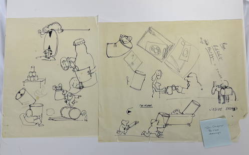 Thomas Ungerer Two Pages Pen and Ink Drawings: Two pages of sketches by Tomi Ungerer circa 1969. This art came directly from the artist provided to a colleague at his agency. Great whimsical drawings showing Ungerer s humor in an almost stream