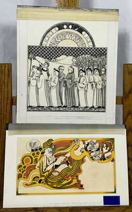 Two 1960s Original Art Psychadelic Illustrations: Two holiday themed original art illustrations circa 1968. Colorful with great design these pieces also come with two Aubrey Beardsley printed pieces