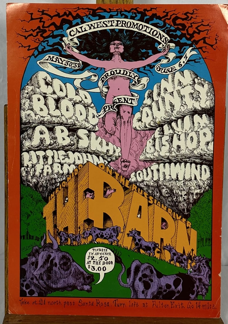 1969 Concert Poster The Barn Cal West: Vintage concert poster from May and June of 1969 - Uncommon poster from the summer of love. I only had two, sold one at the last auction. This is my last one.